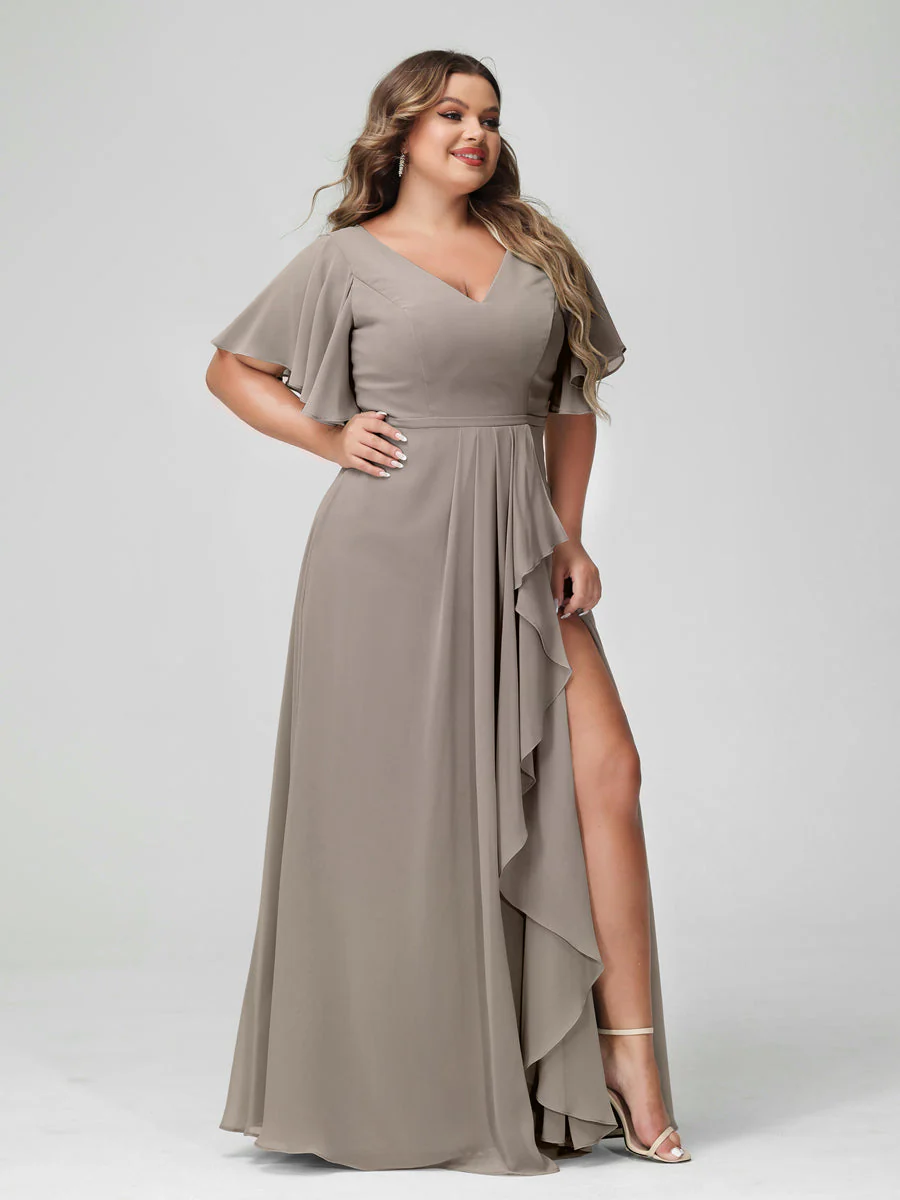 A-Line/Princess V-Neck Half Sleeves Chiffon Plus Size Bridesmaid Dresses with Split Side & Ruffles - Image 74