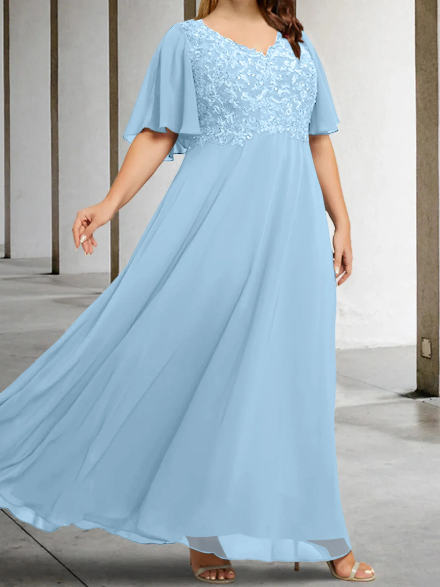 A-Line/Princess V-Neck Half Sleeves Floor-Length Mother of the Bride Dresses with Applique - Image 13