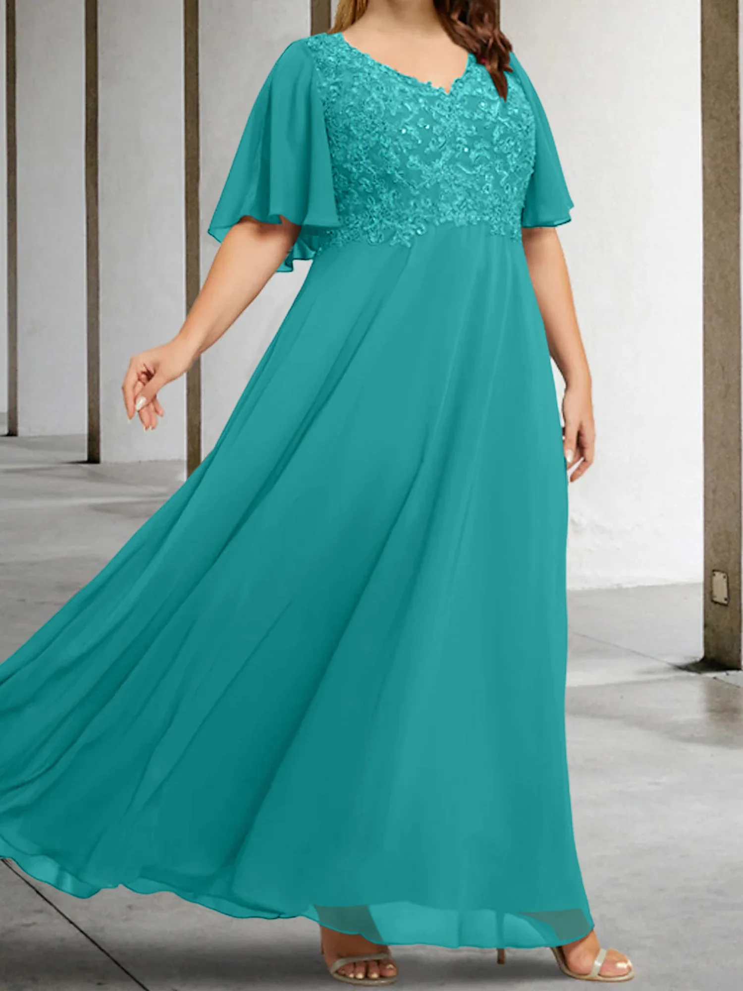 A-Line/Princess V-Neck Half Sleeves Floor-Length Mother of the Bride Dresses with Applique - Image 14