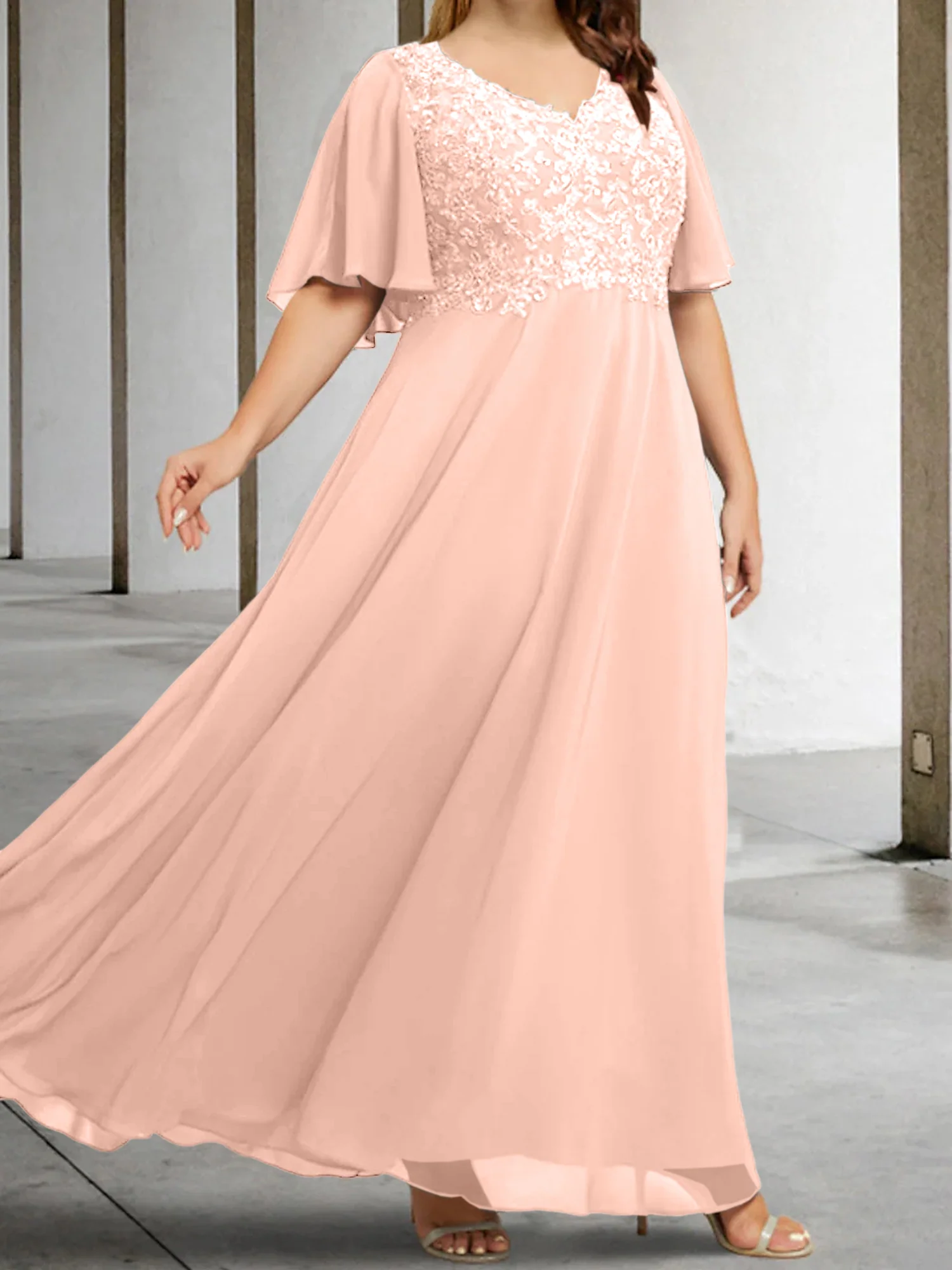 A-Line/Princess V-Neck Half Sleeves Floor-Length Mother of the Bride Dresses with Applique - Image 16