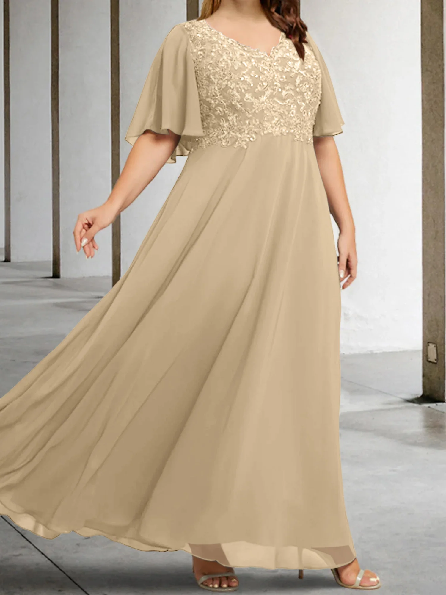 A-Line/Princess V-Neck Half Sleeves Floor-Length Mother of the Bride Dresses with Applique - Image 18