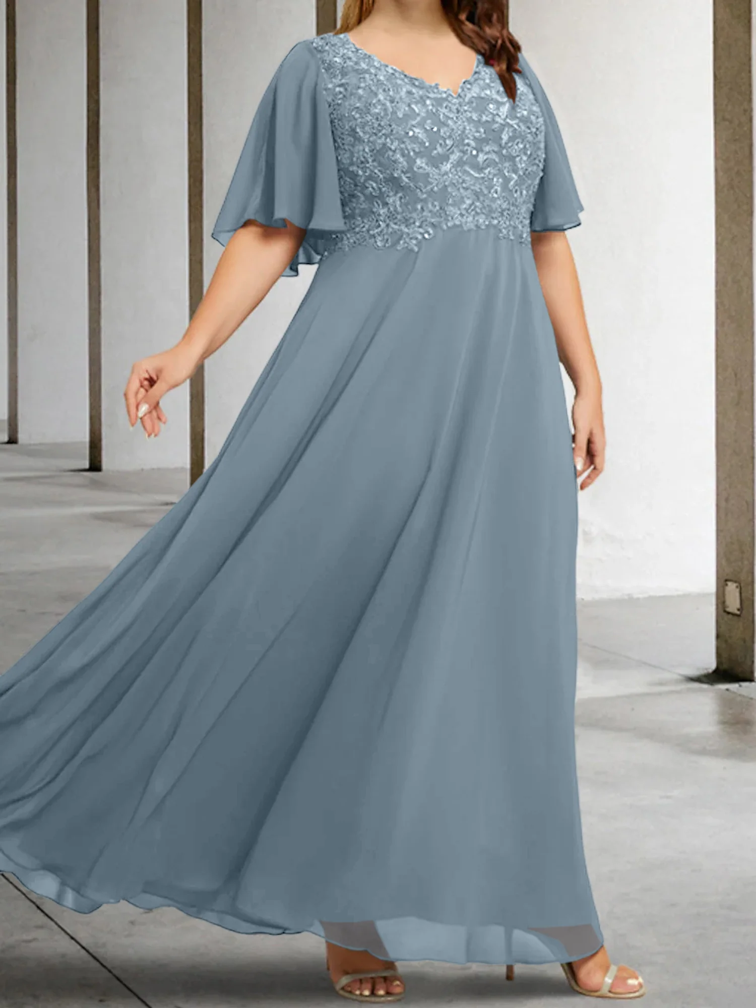 A-Line/Princess V-Neck Half Sleeves Floor-Length Mother of the Bride Dresses with Applique - Image 22