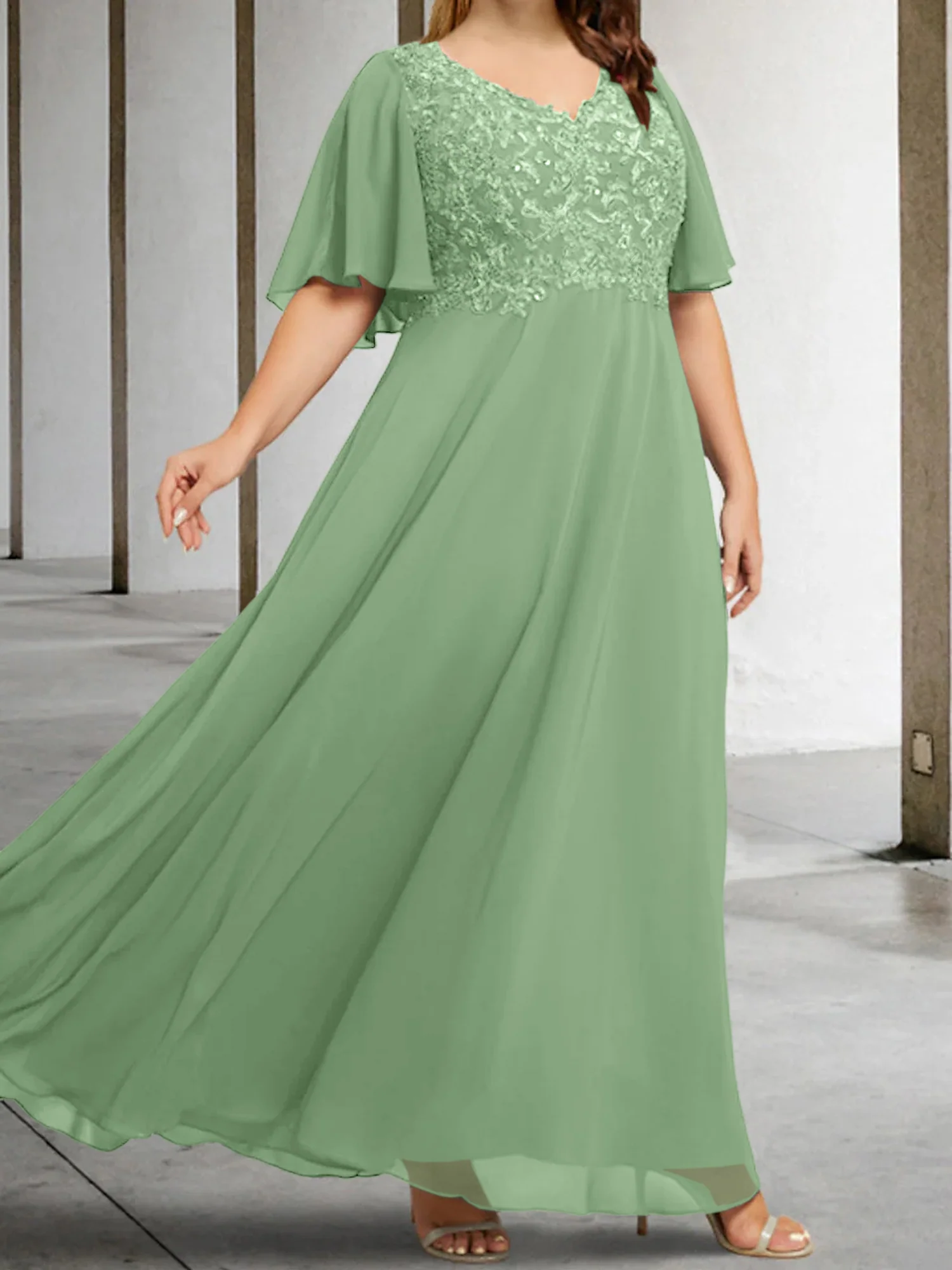 A-Line/Princess V-Neck Half Sleeves Floor-Length Mother of the Bride Dresses with Applique - Image 26