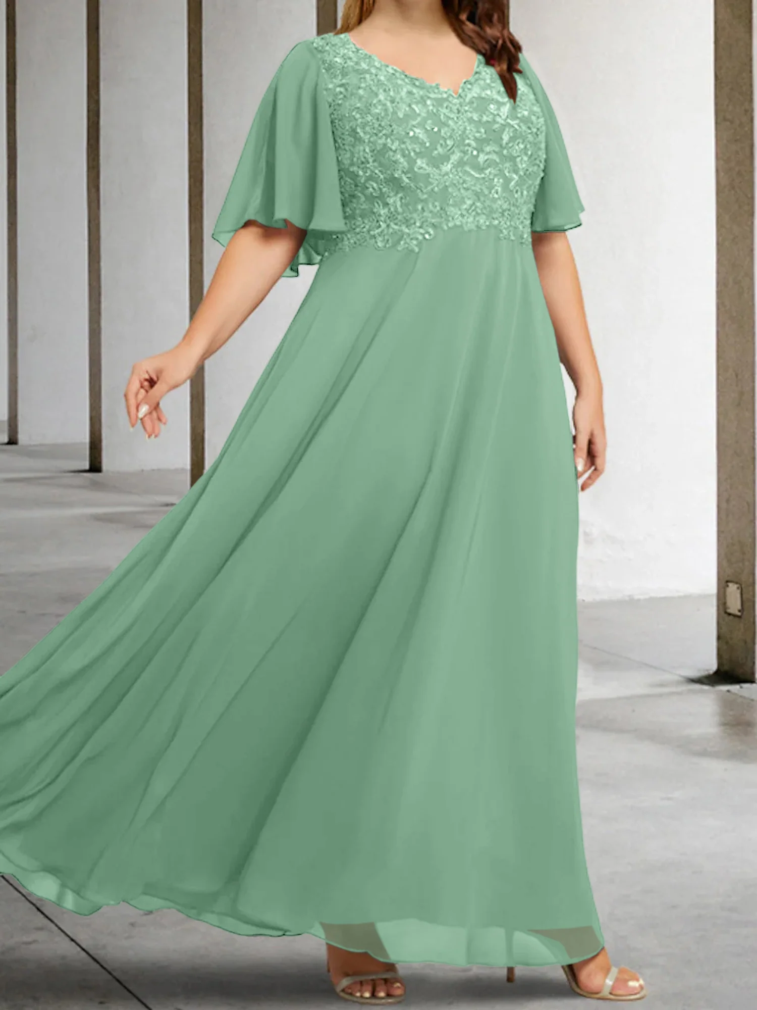 A-Line/Princess V-Neck Half Sleeves Floor-Length Mother of the Bride Dresses with Applique - Image 28