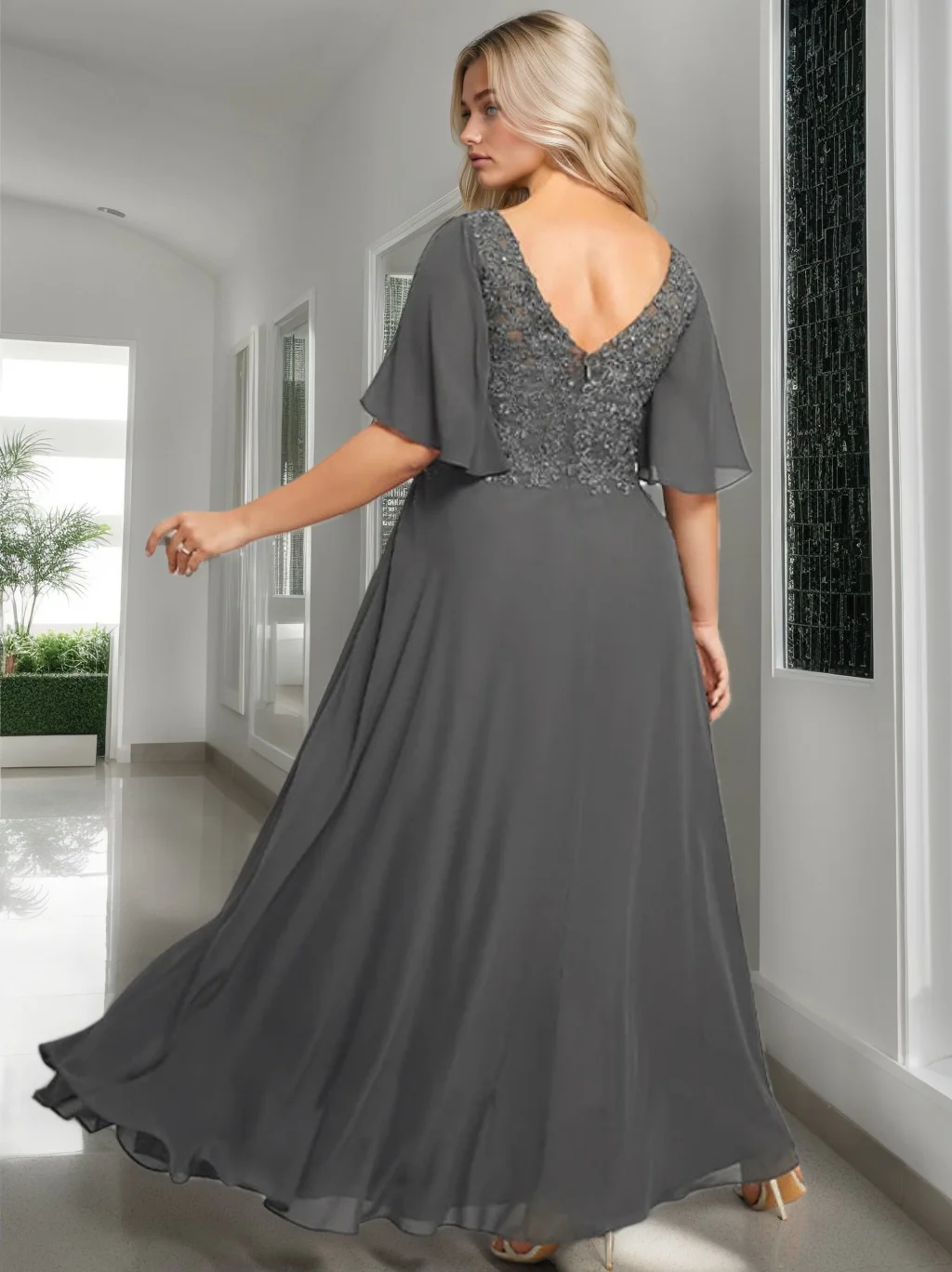 A-Line/Princess V-Neck Half Sleeves Floor-Length Mother of the Bride Dresses with Applique - Image 3