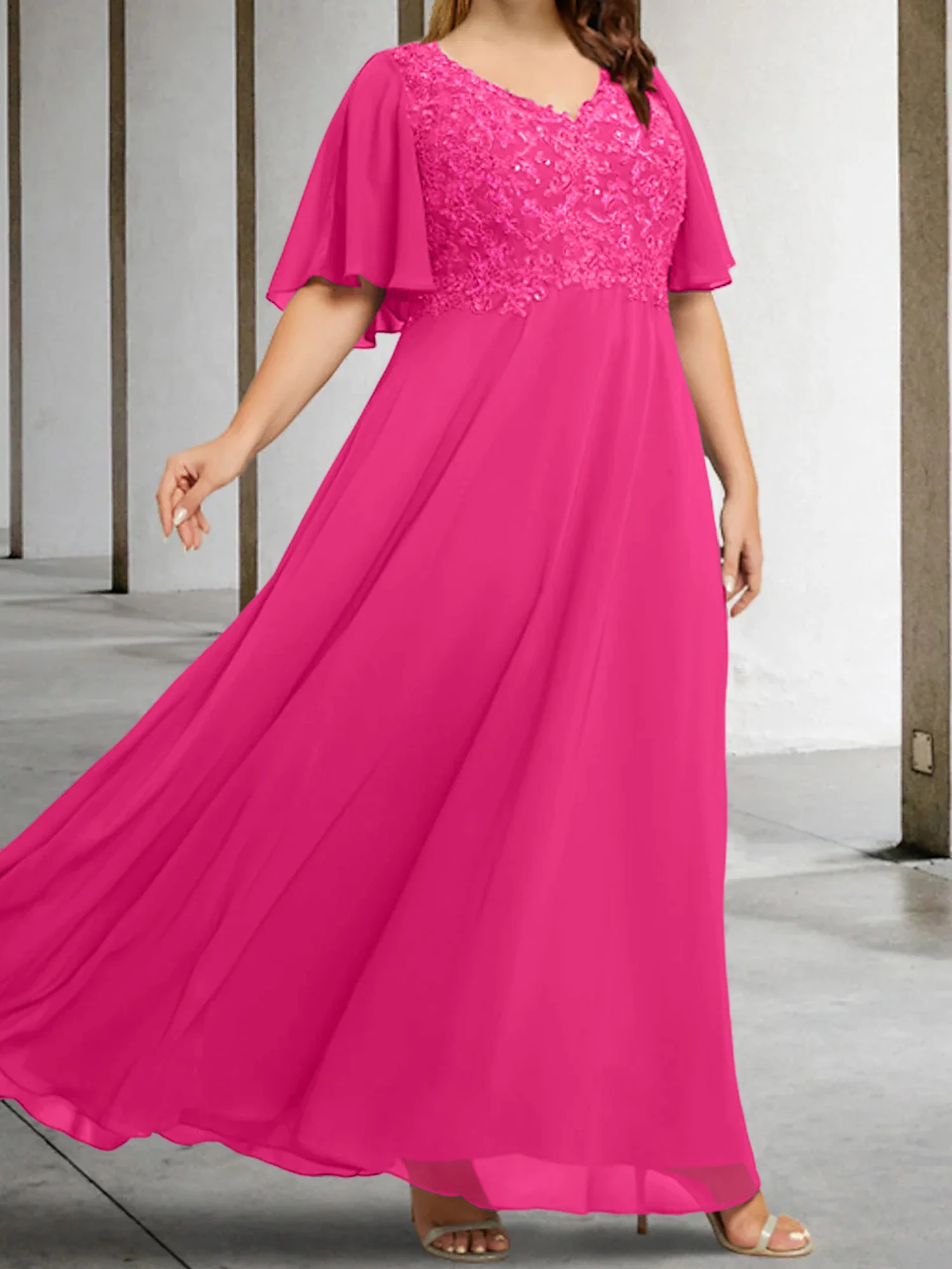 A-Line/Princess V-Neck Half Sleeves Floor-Length Mother of the Bride Dresses with Applique - Image 30