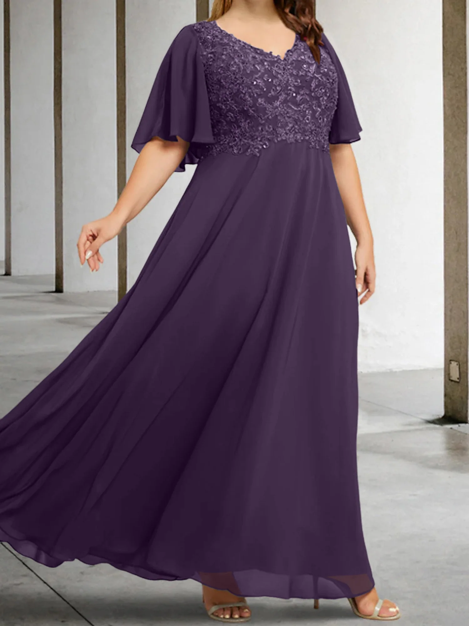 A-Line/Princess V-Neck Half Sleeves Floor-Length Mother of the Bride Dresses with Applique - Image 32
