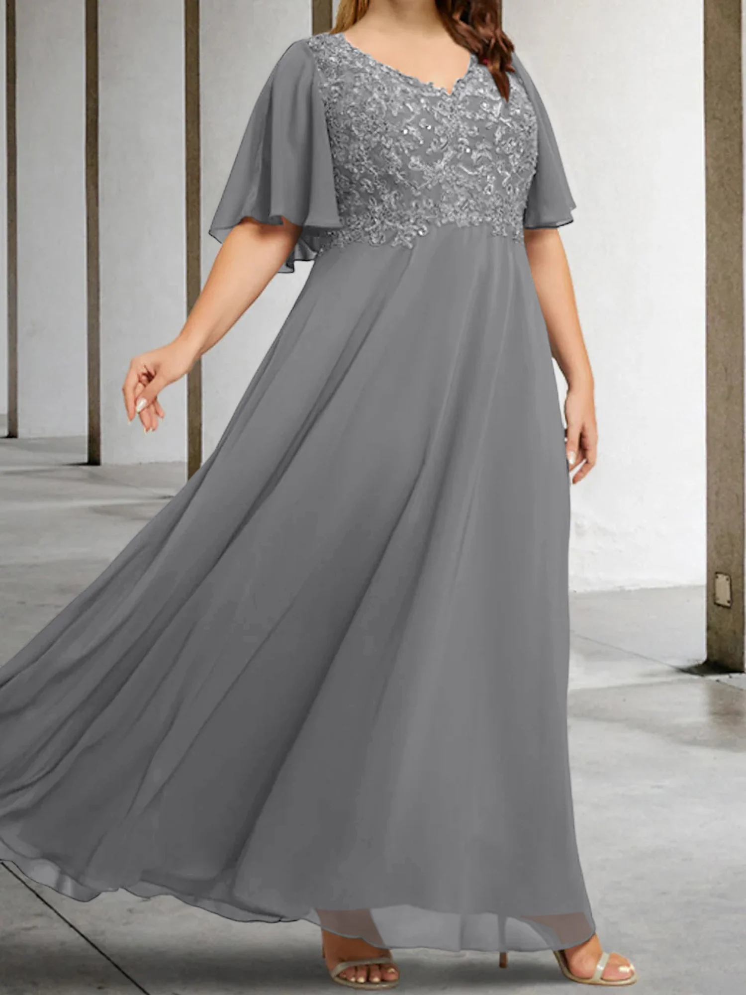 A-Line/Princess V-Neck Half Sleeves Floor-Length Mother of the Bride Dresses with Applique - Image 33
