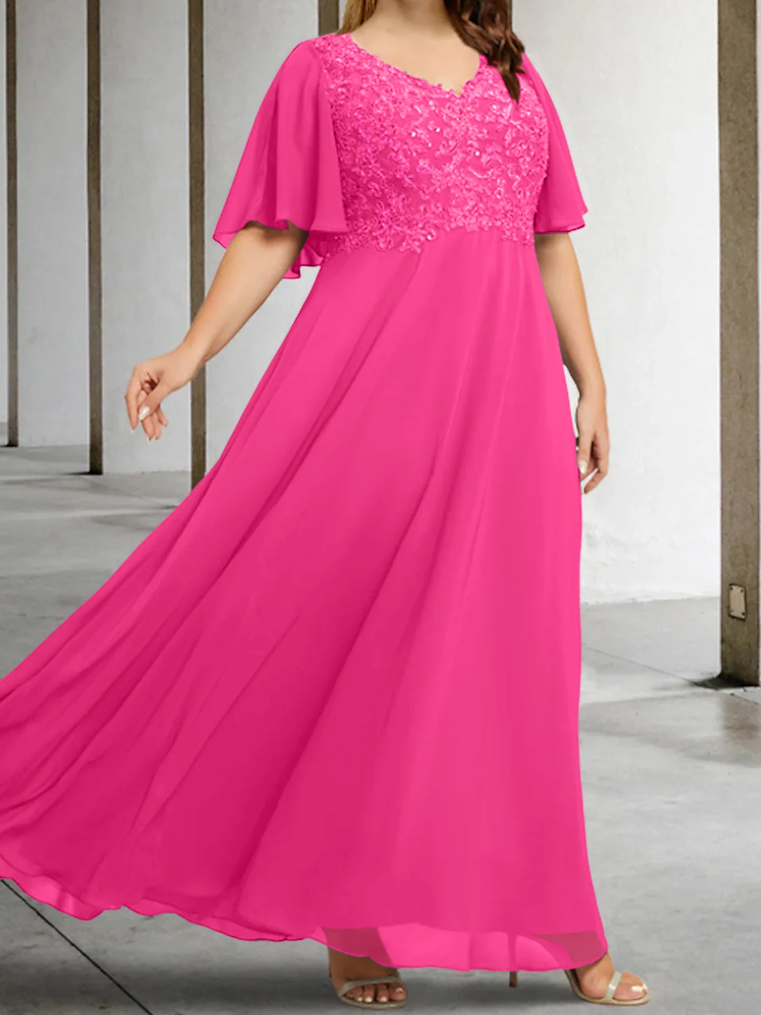 A-Line/Princess V-Neck Half Sleeves Floor-Length Mother of the Bride Dresses with Applique - Image 35