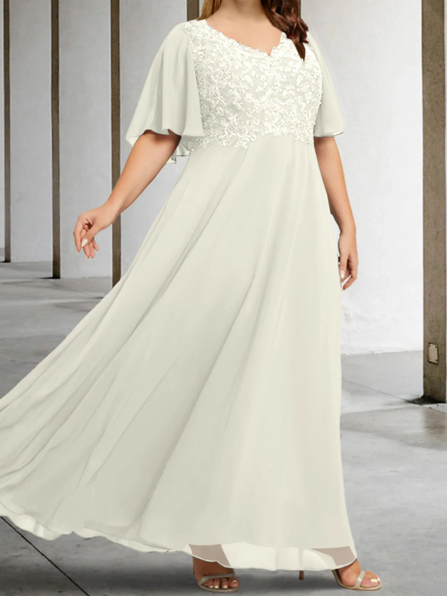 A-Line/Princess V-Neck Half Sleeves Floor-Length Mother of the Bride Dresses with Applique - Image 36