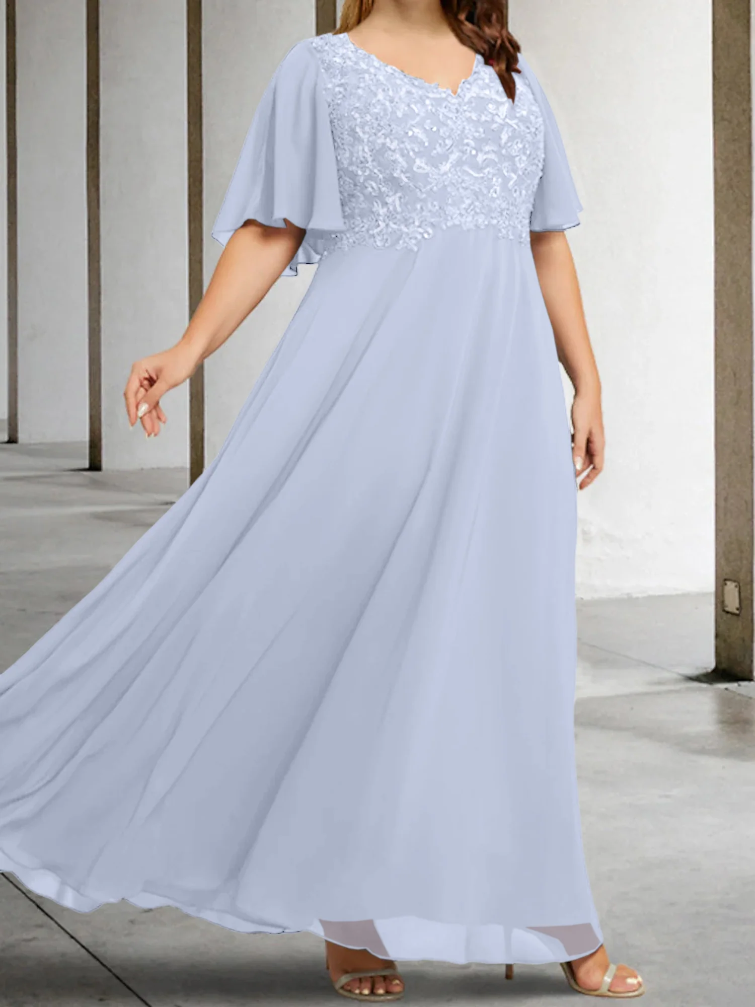 A-Line/Princess V-Neck Half Sleeves Floor-Length Mother of the Bride Dresses with Applique - Image 37