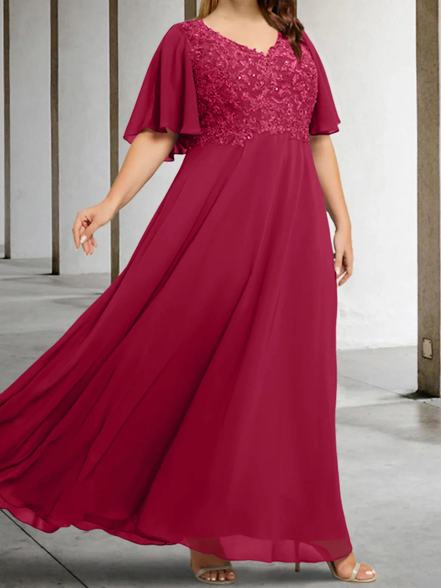 A-Line/Princess V-Neck Half Sleeves Floor-Length Mother of the Bride Dresses with Applique - Image 38