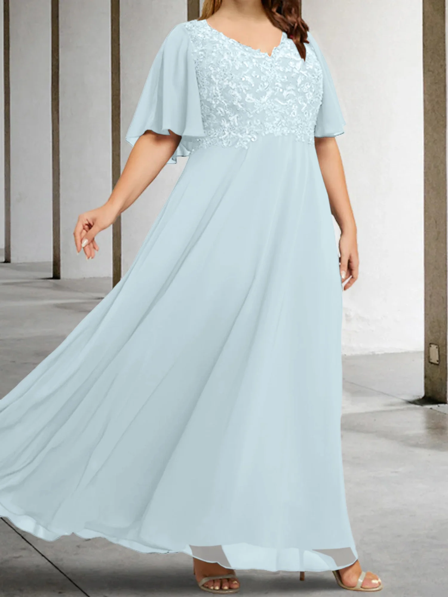A-Line/Princess V-Neck Half Sleeves Floor-Length Mother of the Bride Dresses with Applique - Image 39