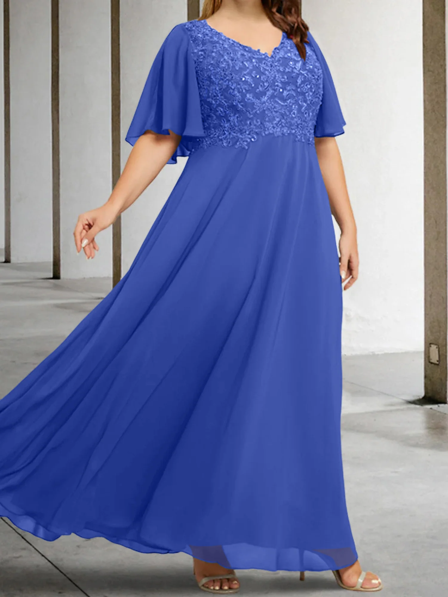 A-Line/Princess V-Neck Half Sleeves Floor-Length Mother of the Bride Dresses with Applique - Image 41