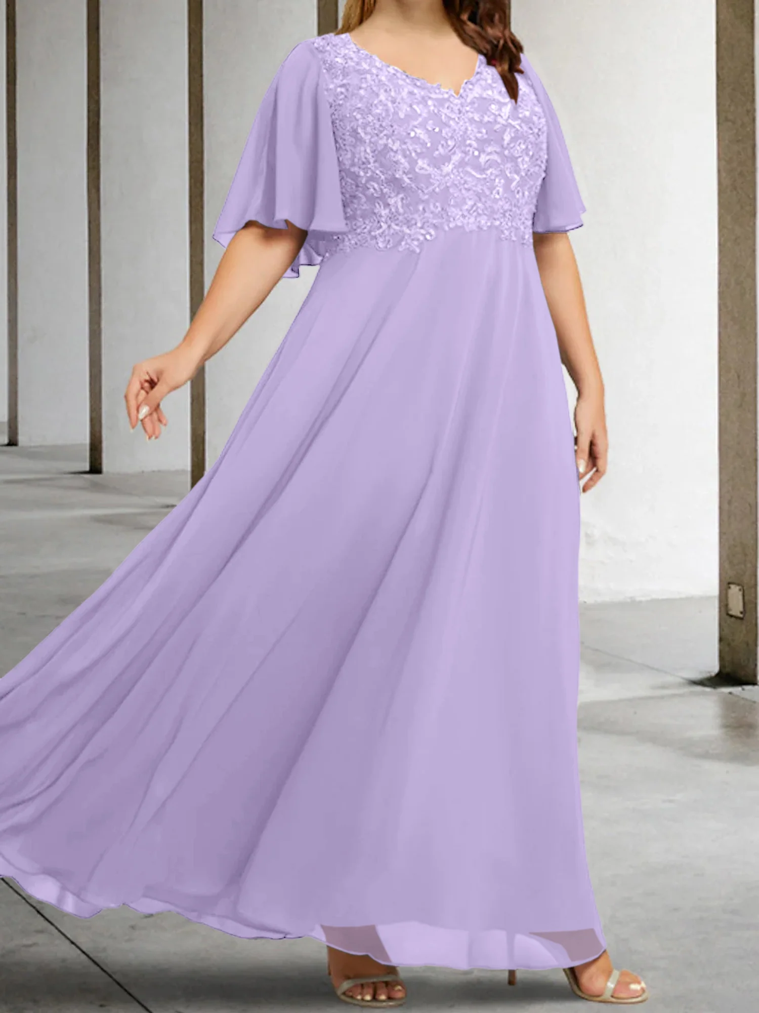 A-Line/Princess V-Neck Half Sleeves Floor-Length Mother of the Bride Dresses with Applique - Image 43