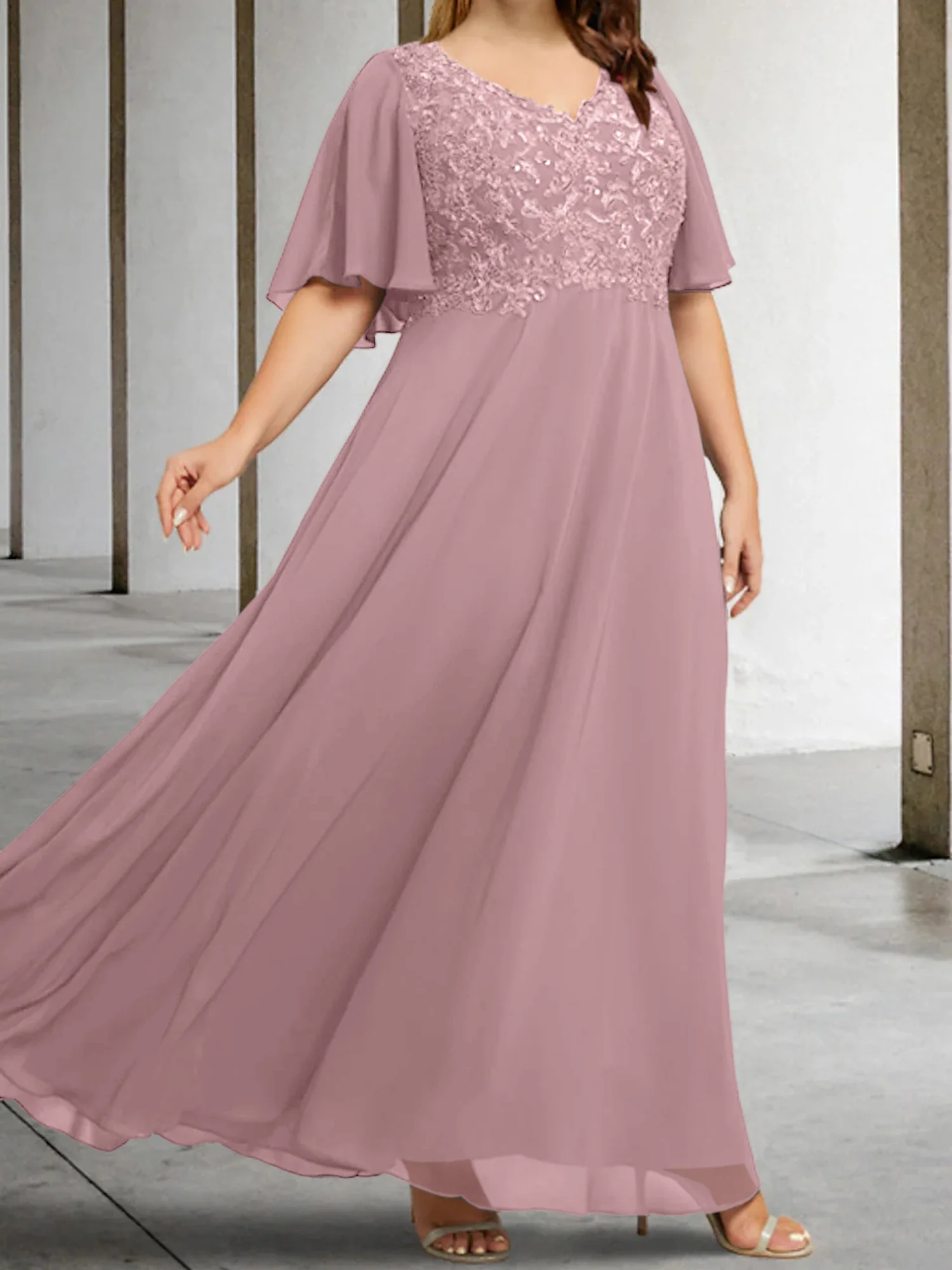 A-Line/Princess V-Neck Half Sleeves Floor-Length Mother of the Bride Dresses with Applique - Image 44