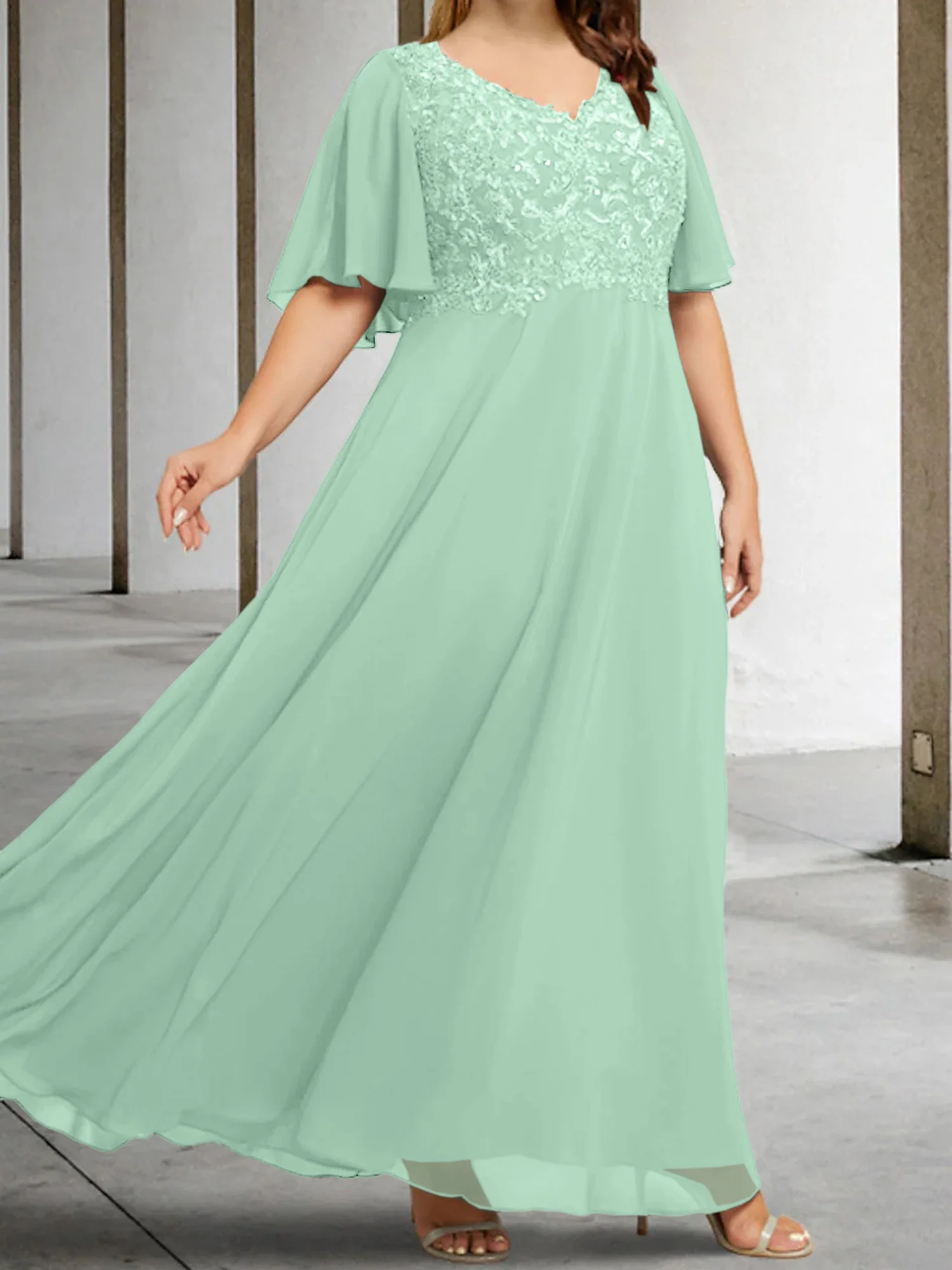 A-Line/Princess V-Neck Half Sleeves Floor-Length Mother of the Bride Dresses with Applique - Image 45