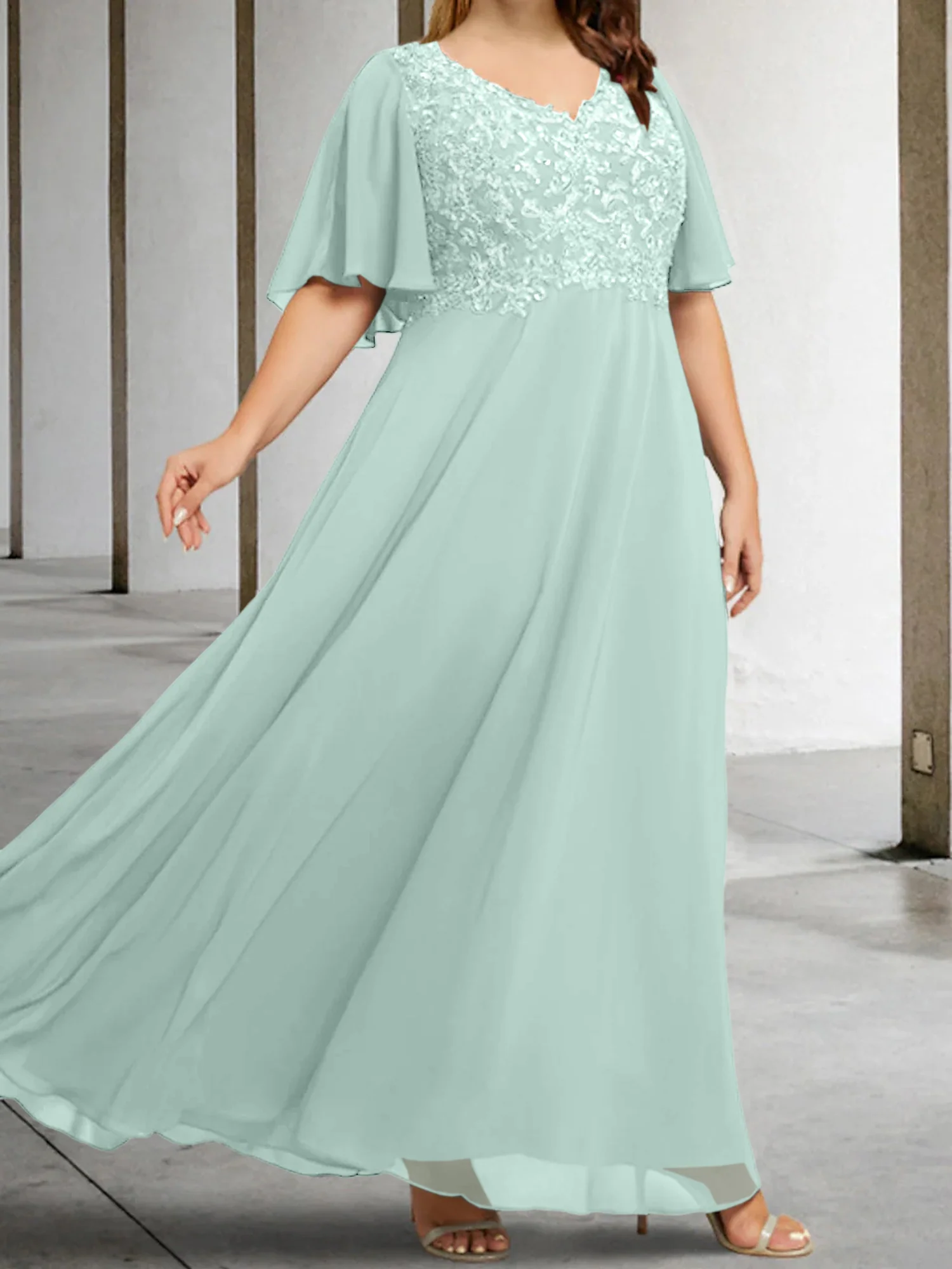 A-Line/Princess V-Neck Half Sleeves Floor-Length Mother of the Bride Dresses with Applique - Image 46