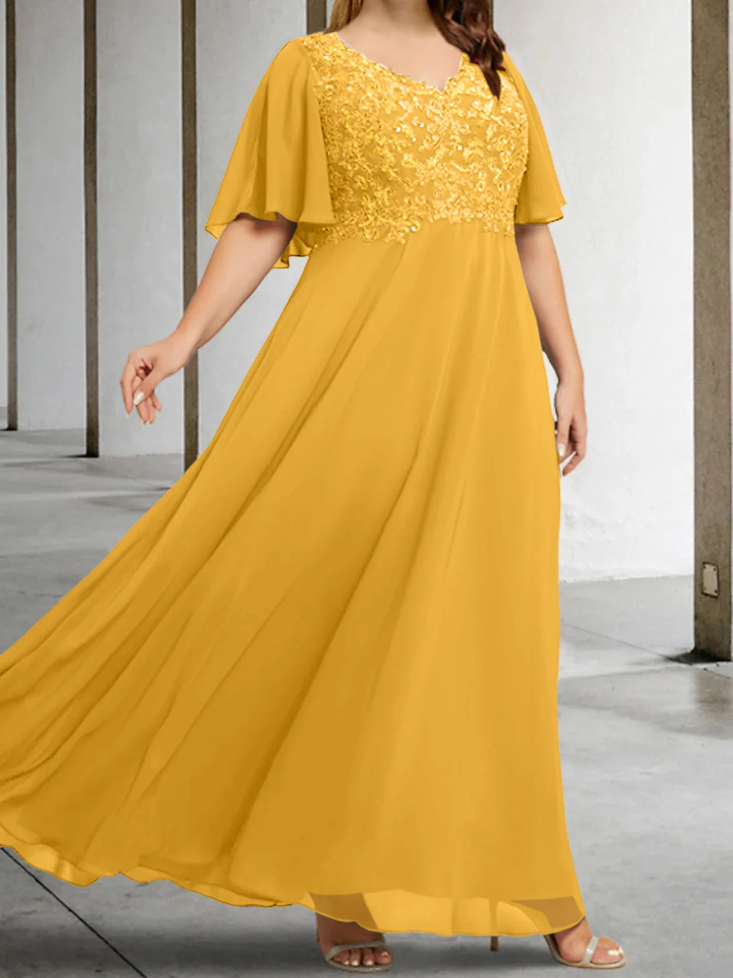 A-Line/Princess V-Neck Half Sleeves Floor-Length Mother of the Bride Dresses with Applique - Image 47