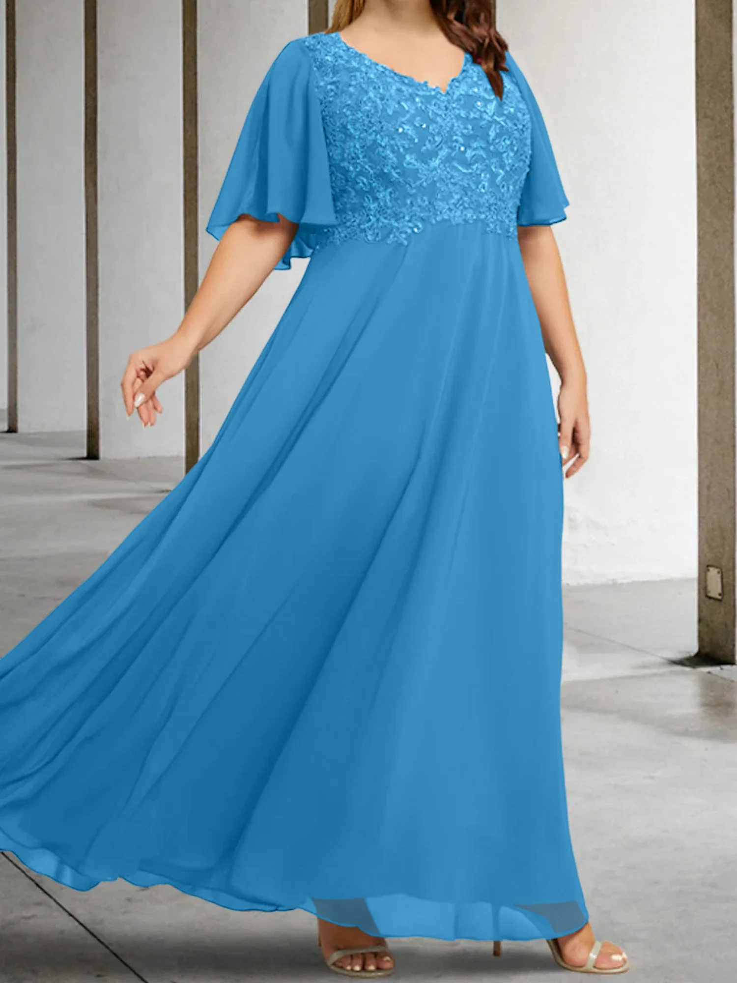 A-Line/Princess V-Neck Half Sleeves Floor-Length Mother of the Bride Dresses with Applique - Image 48