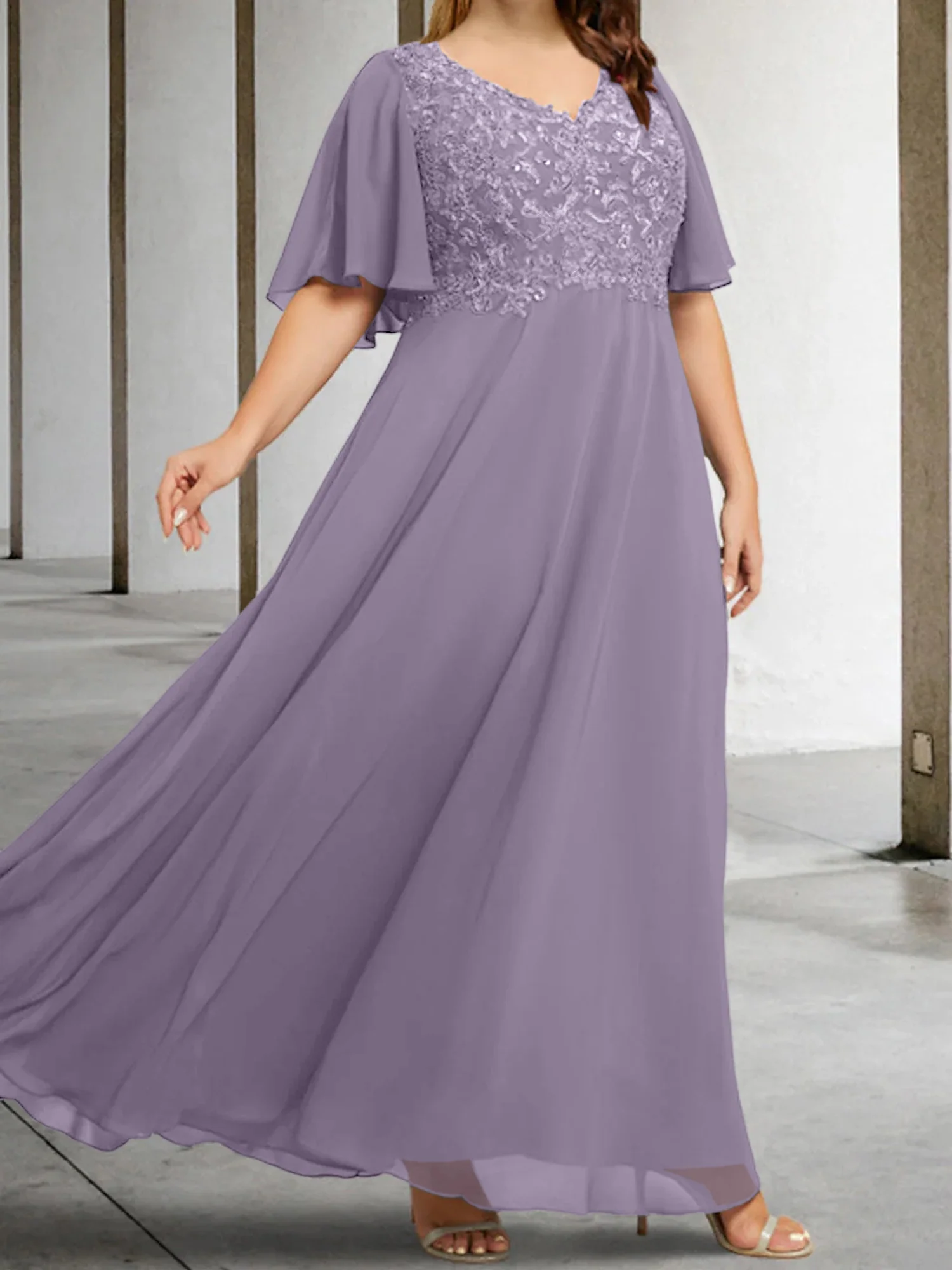 A-Line/Princess V-Neck Half Sleeves Floor-Length Mother of the Bride Dresses with Applique - Image 5