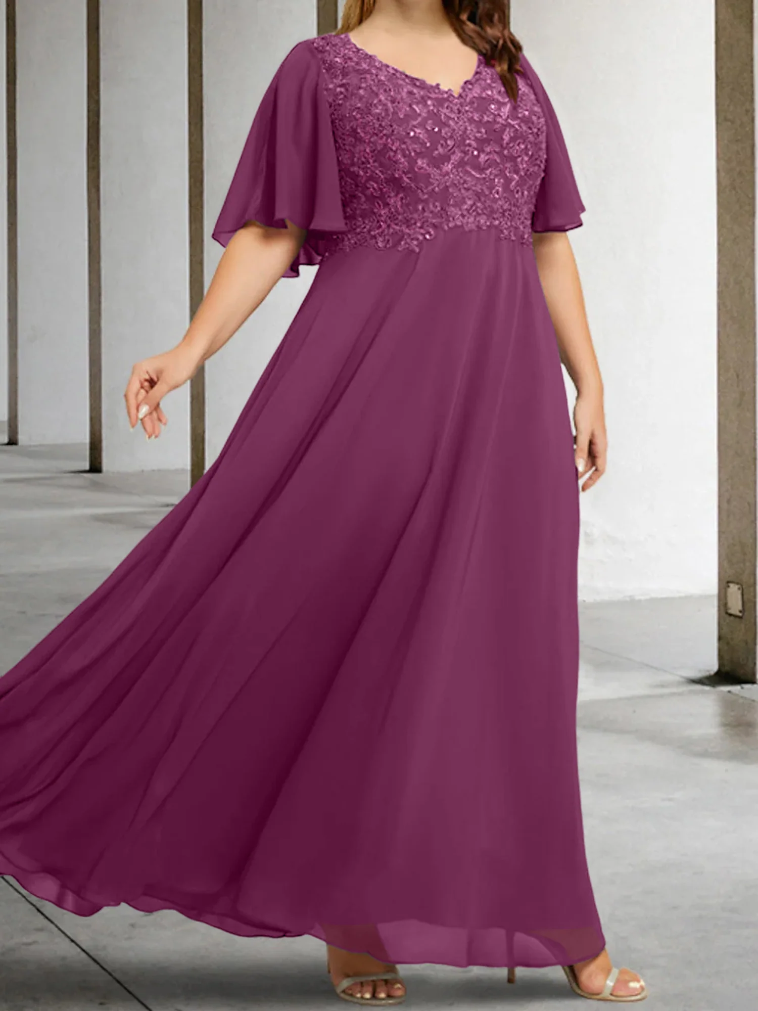 A-Line/Princess V-Neck Half Sleeves Floor-Length Mother of the Bride Dresses with Applique - Image 52