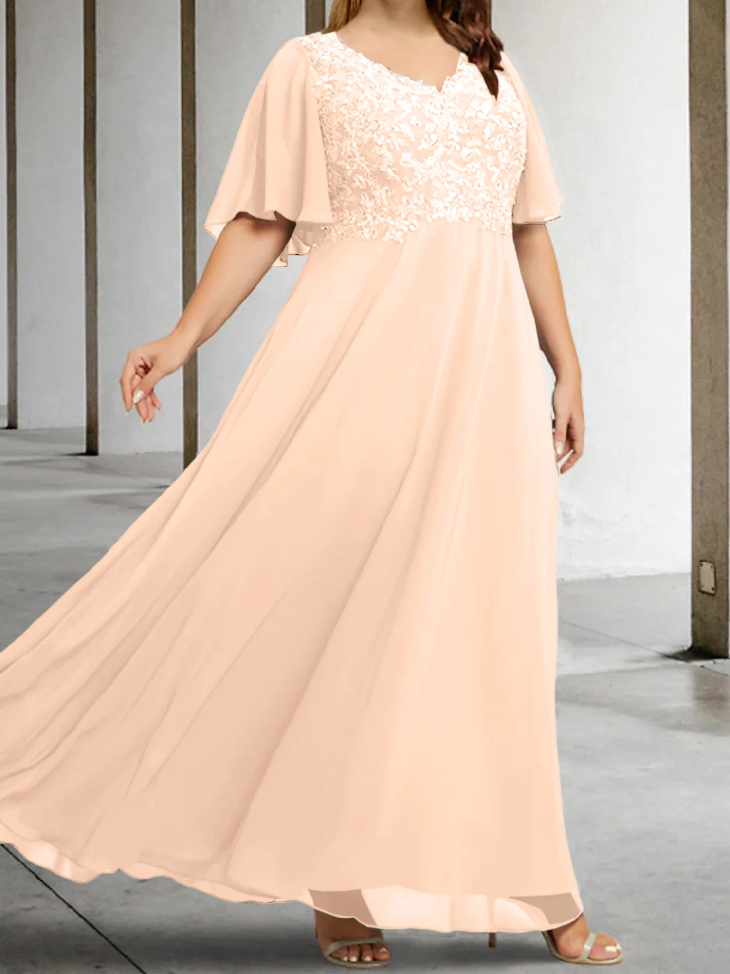 A-Line/Princess V-Neck Half Sleeves Floor-Length Mother of the Bride Dresses with Applique - Image 53