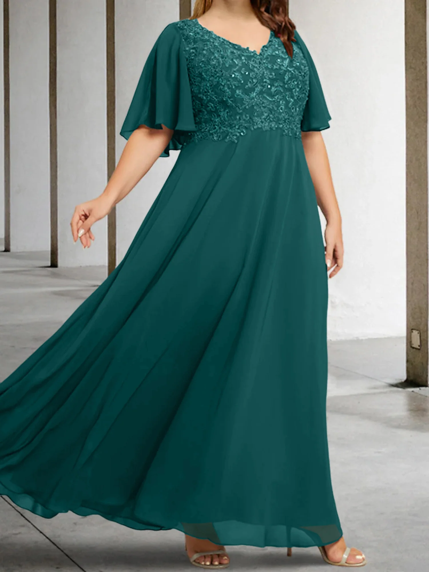 A-Line/Princess V-Neck Half Sleeves Floor-Length Mother of the Bride Dresses with Applique - Image 54