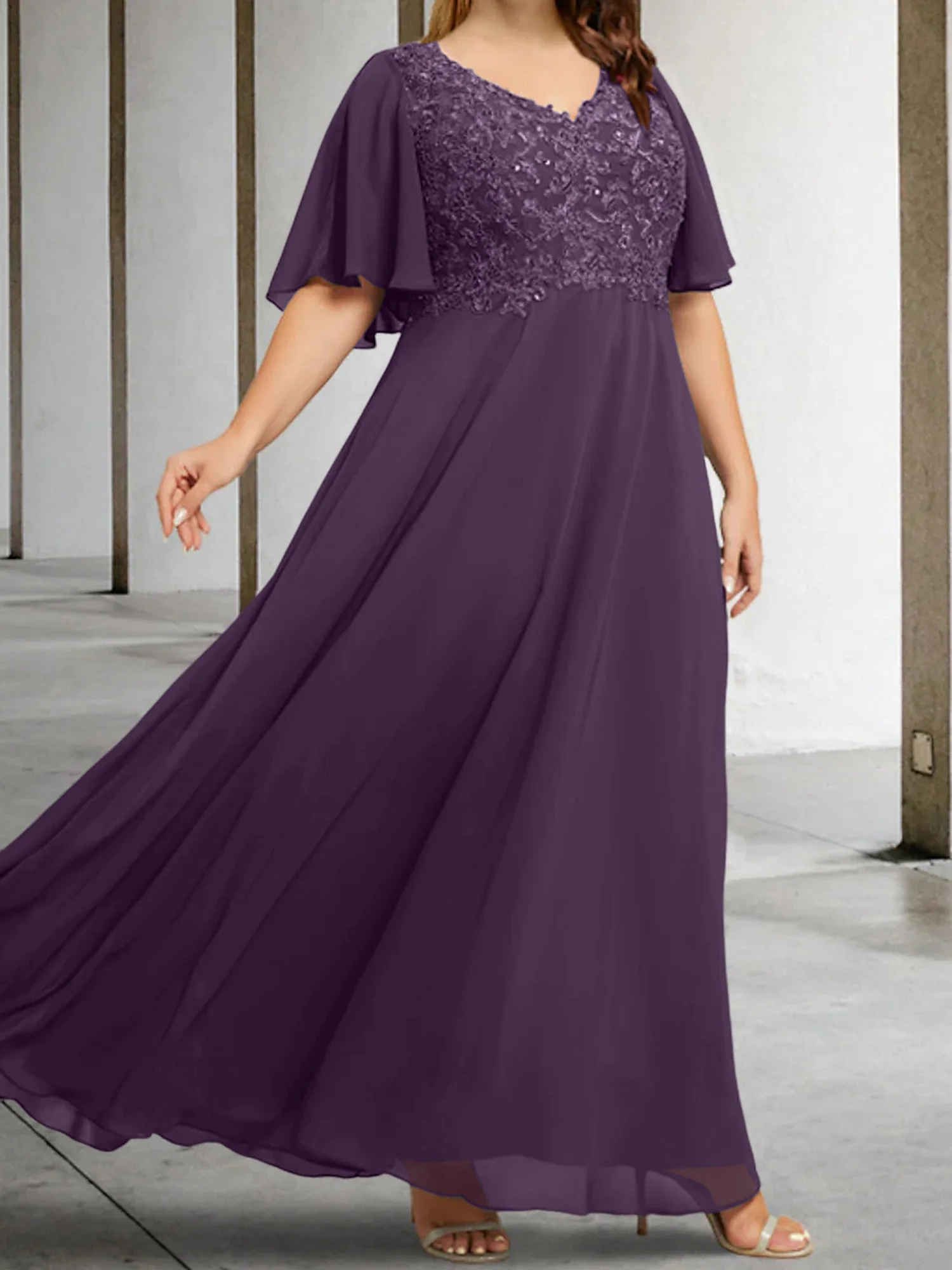 A-Line/Princess V-Neck Half Sleeves Floor-Length Mother of the Bride Dresses with Applique - Image 56
