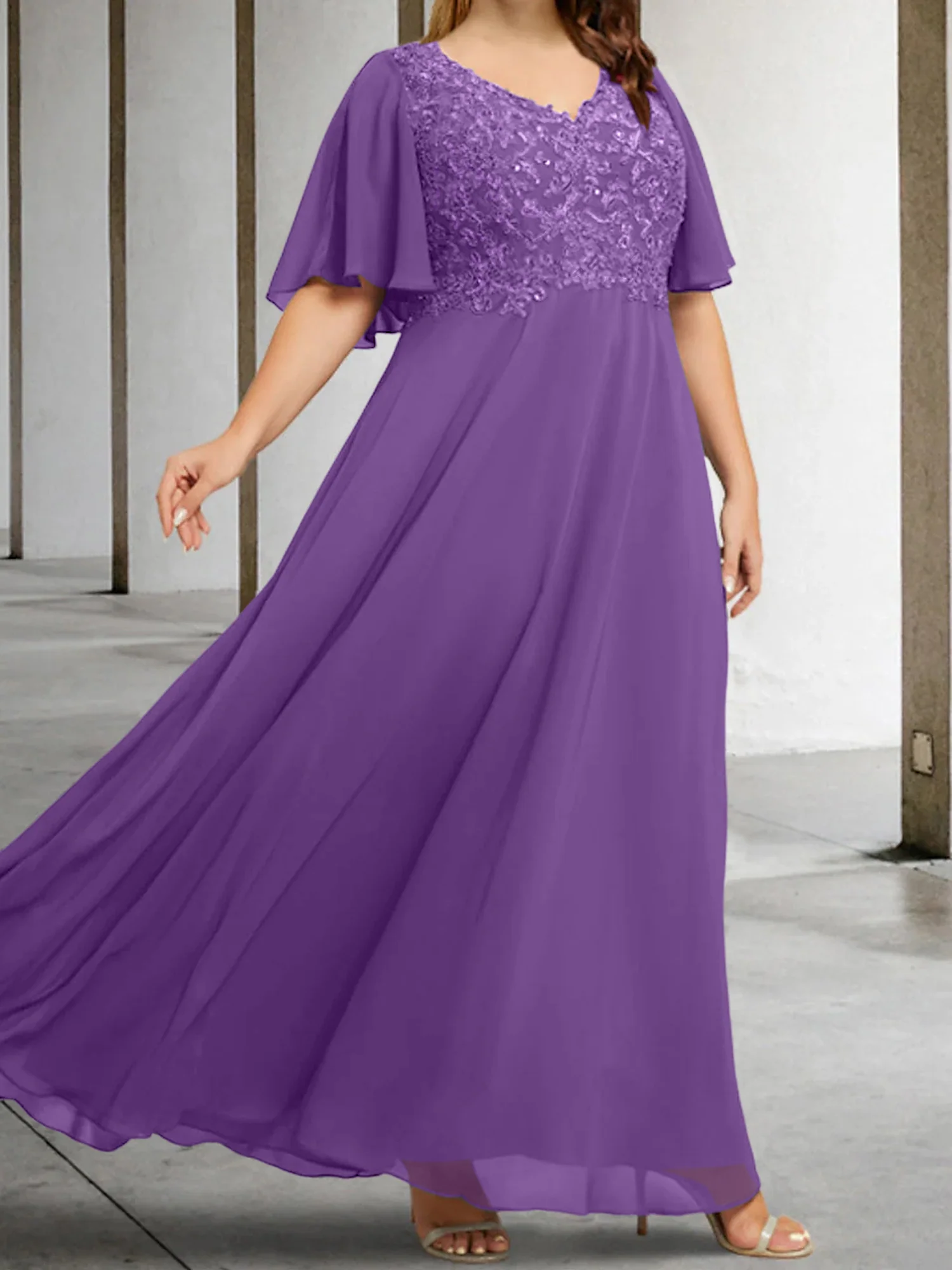 A-Line/Princess V-Neck Half Sleeves Floor-Length Mother of the Bride Dresses with Applique - Image 57