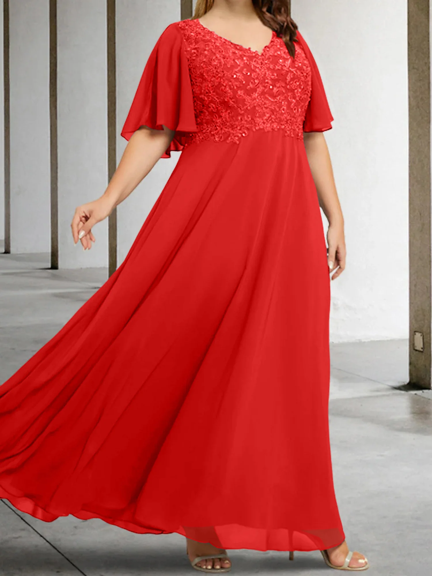 A-Line/Princess V-Neck Half Sleeves Floor-Length Mother of the Bride Dresses with Applique - Image 58