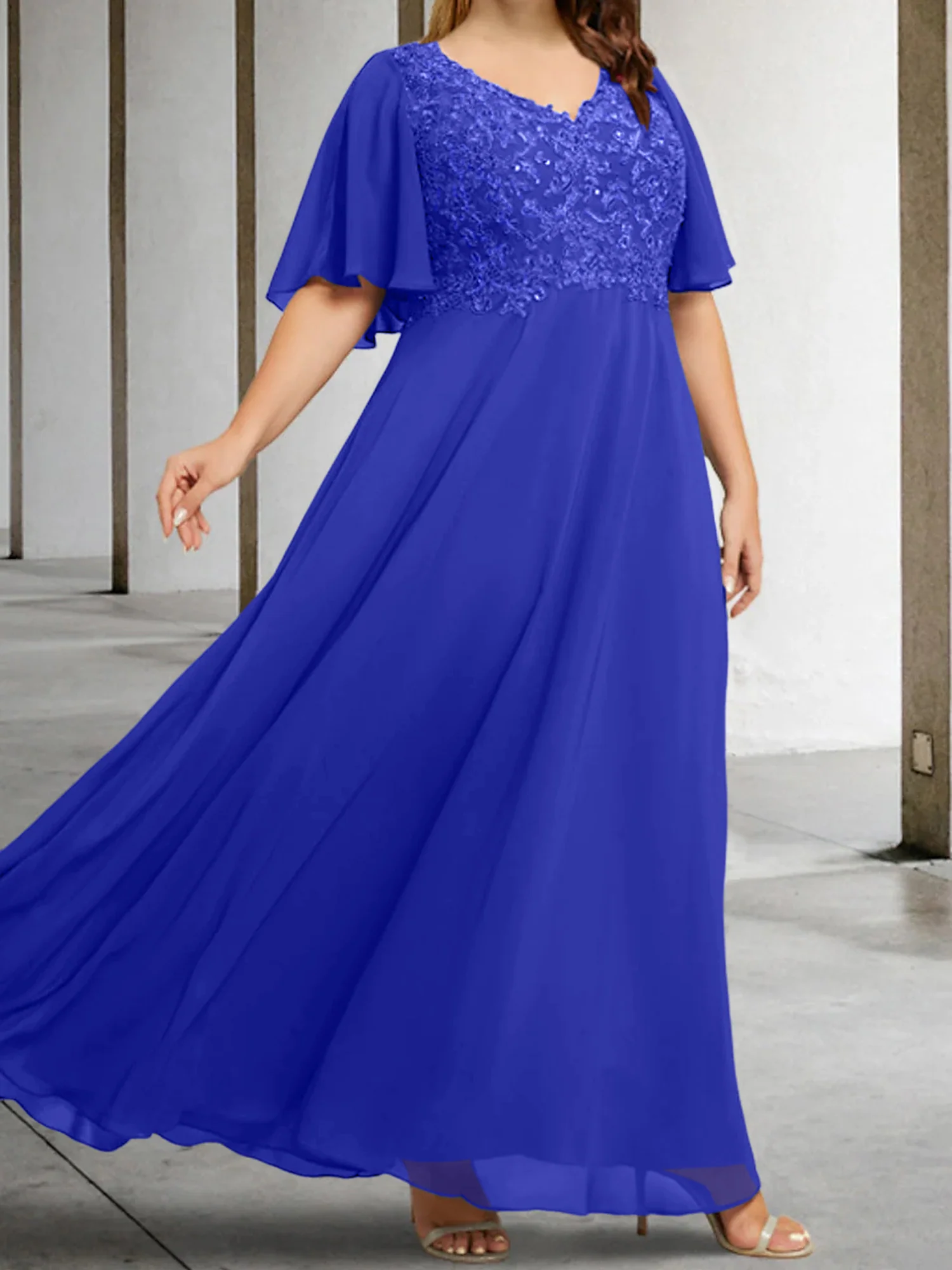 A-Line/Princess V-Neck Half Sleeves Floor-Length Mother of the Bride Dresses with Applique - Image 59