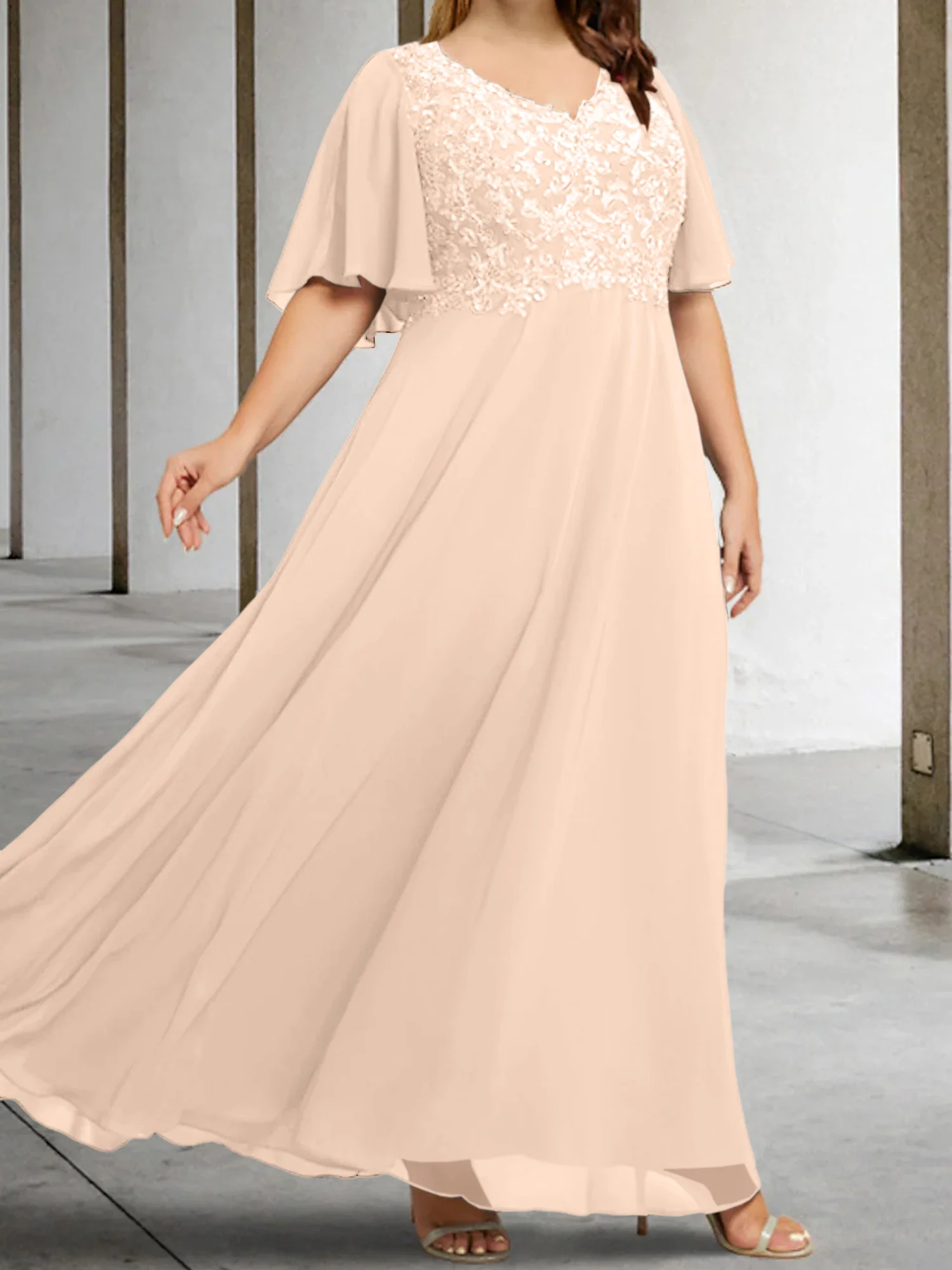 A-Line/Princess V-Neck Half Sleeves Floor-Length Mother of the Bride Dresses with Applique - Image 6