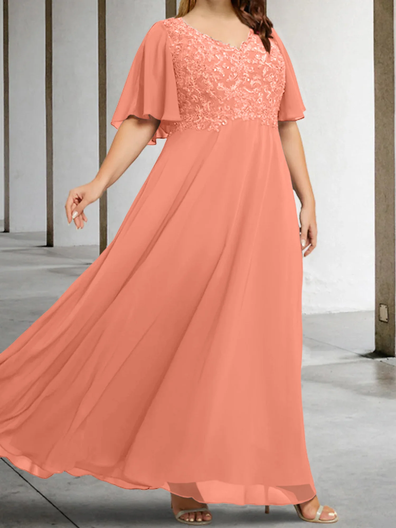A-Line/Princess V-Neck Half Sleeves Floor-Length Mother of the Bride Dresses with Applique - Image 62