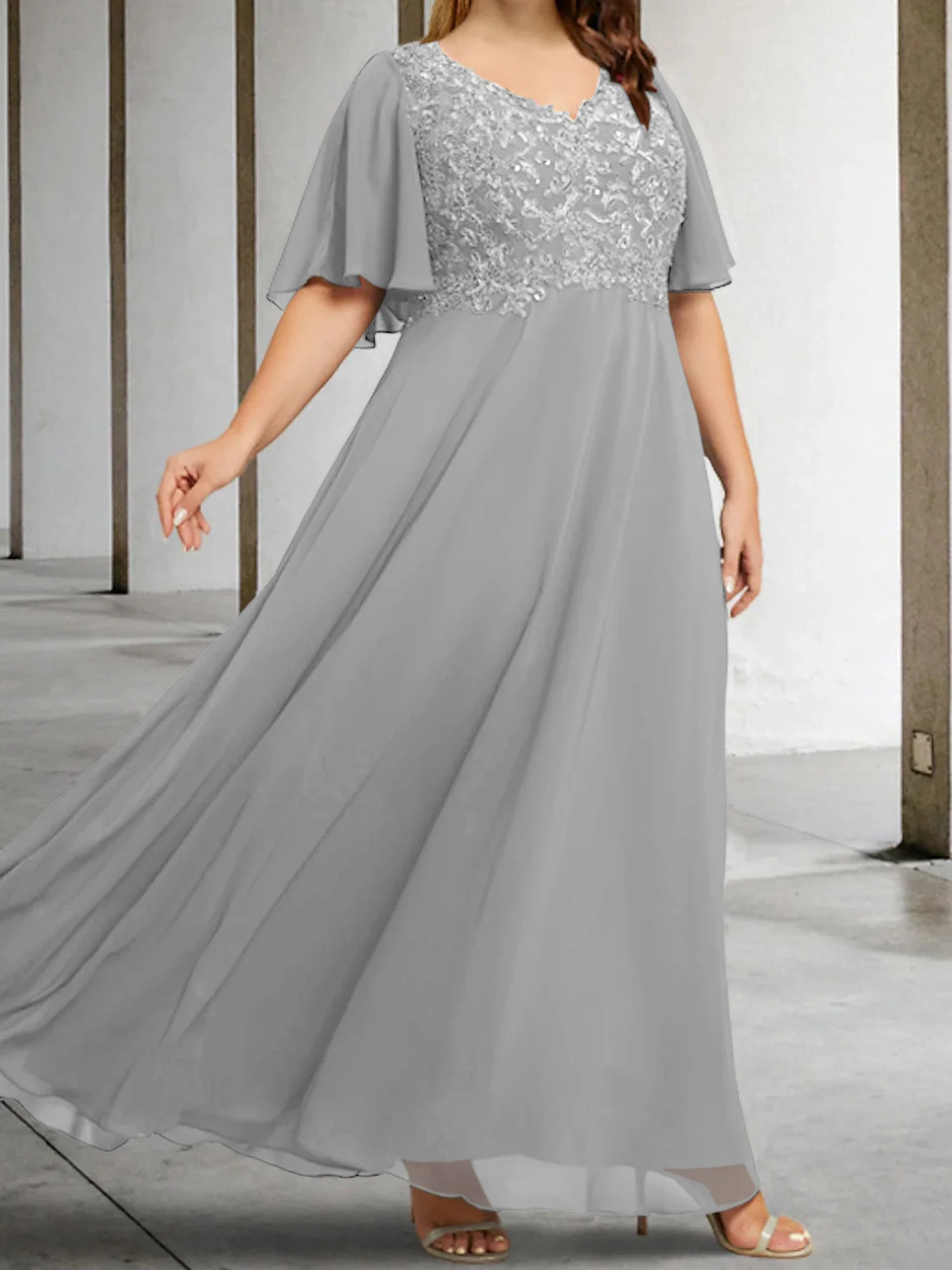 A-Line/Princess V-Neck Half Sleeves Floor-Length Mother of the Bride Dresses with Applique - Image 63