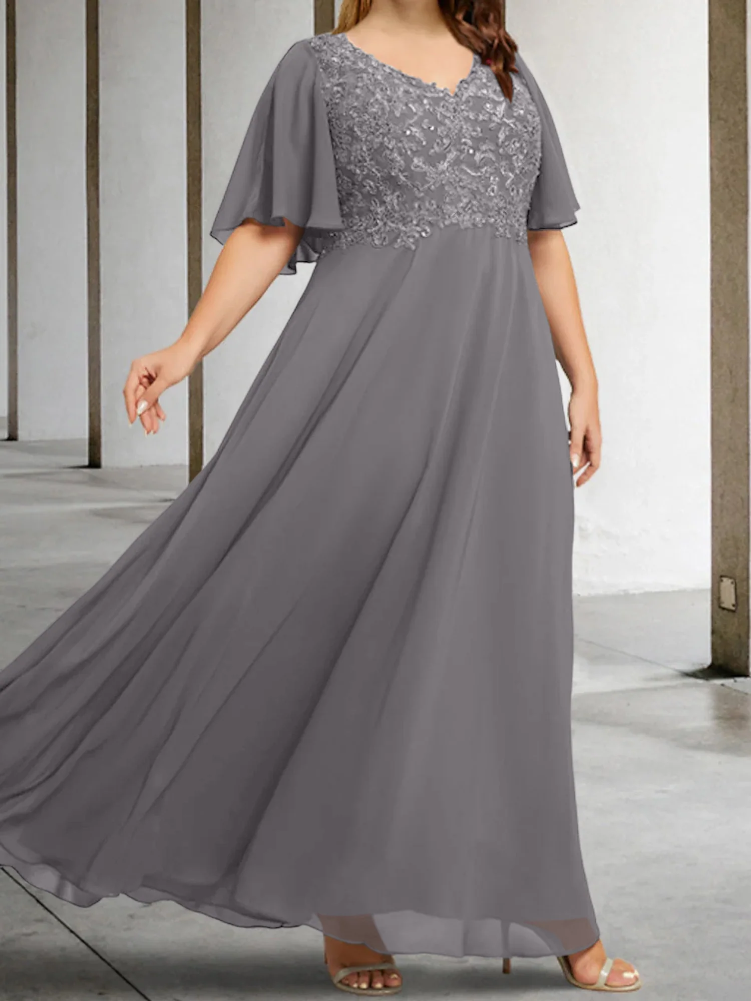 A-Line/Princess V-Neck Half Sleeves Floor-Length Mother of the Bride Dresses with Applique - Image 64