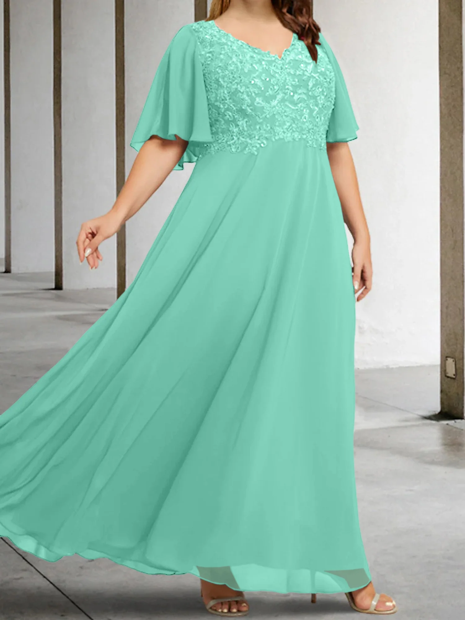 A-Line/Princess V-Neck Half Sleeves Floor-Length Mother of the Bride Dresses with Applique - Image 65
