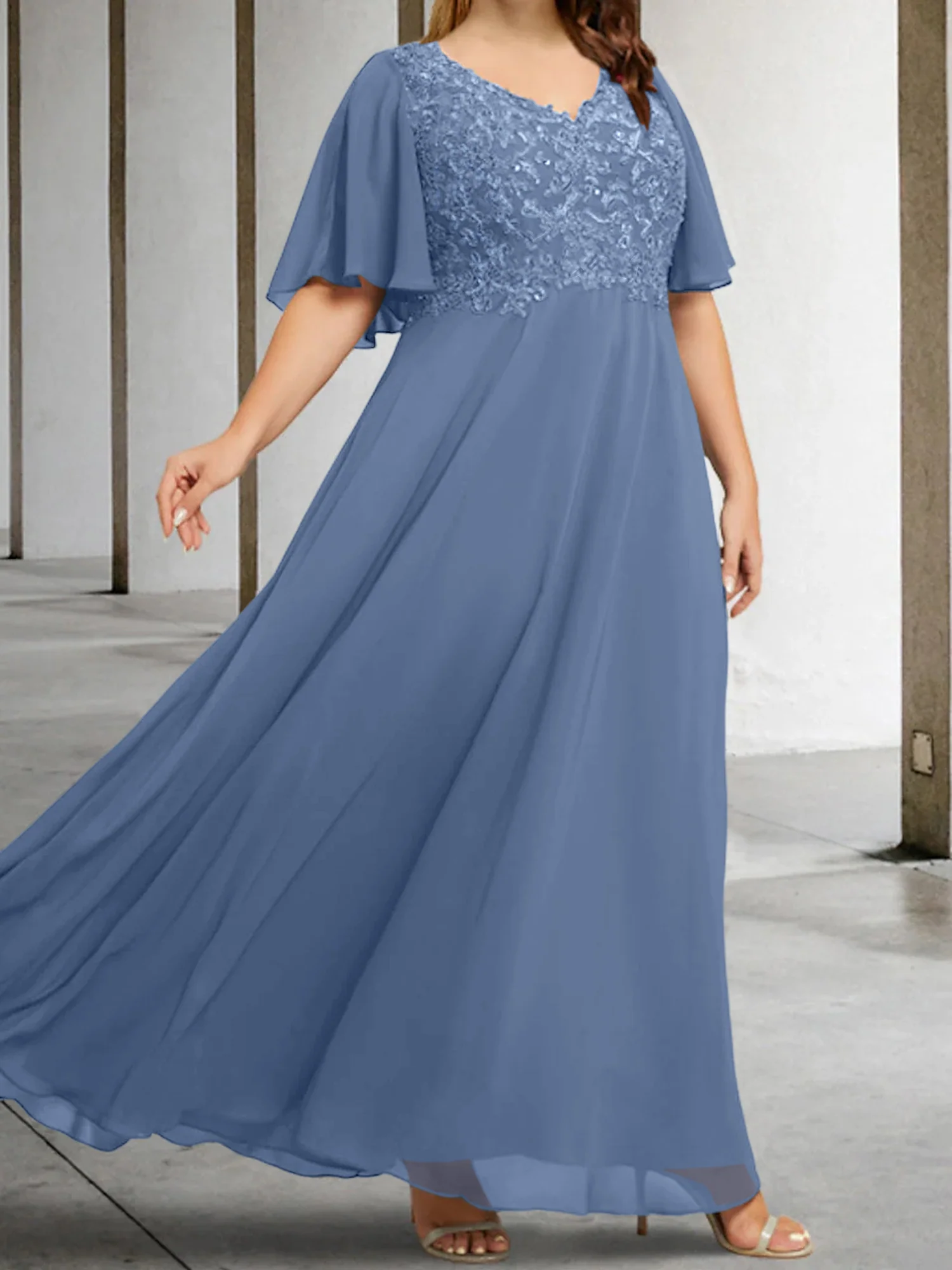 A-Line/Princess V-Neck Half Sleeves Floor-Length Mother of the Bride Dresses with Applique - Image 66