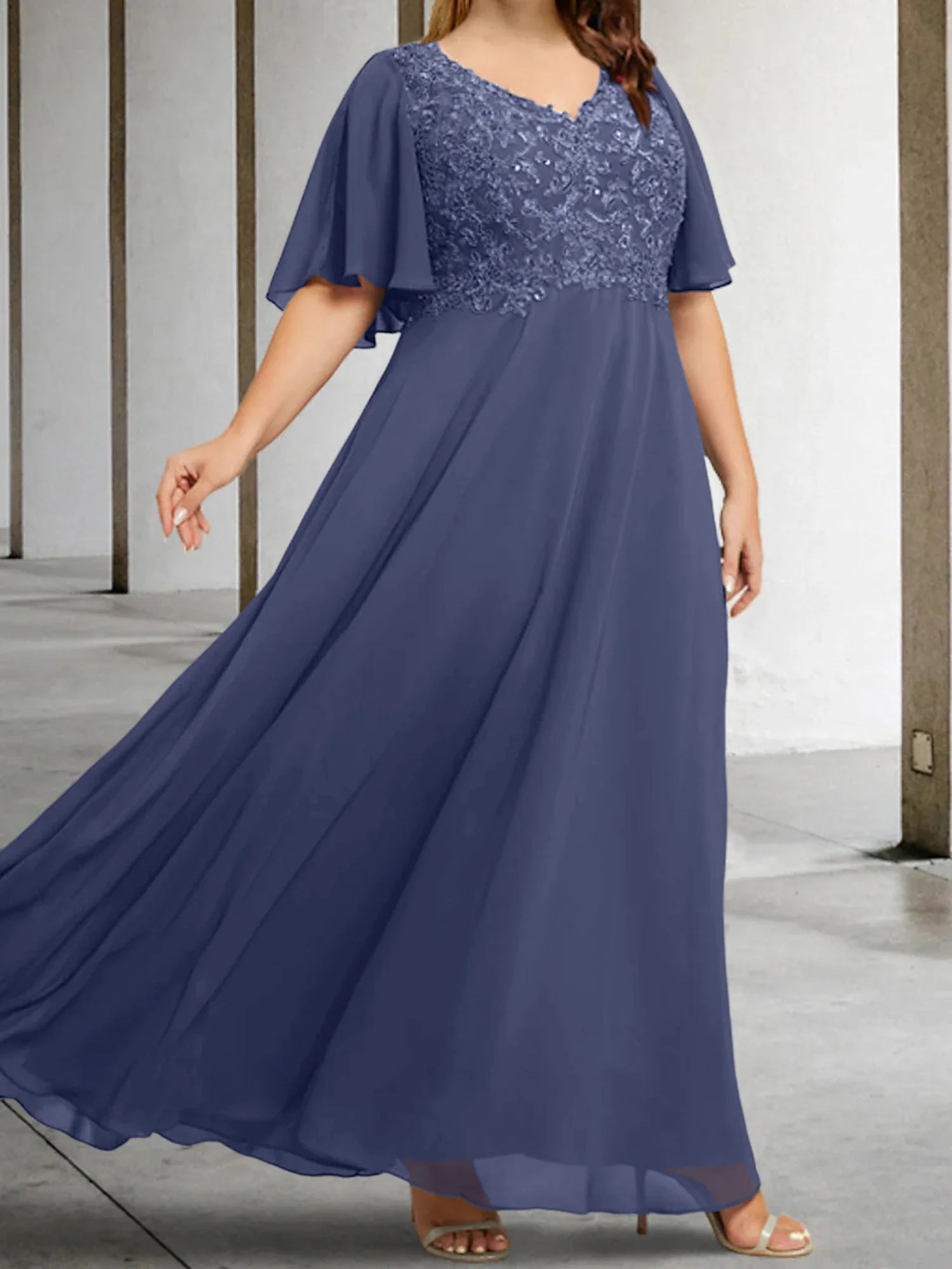 A-Line/Princess V-Neck Half Sleeves Floor-Length Mother of the Bride Dresses with Applique - Image 67
