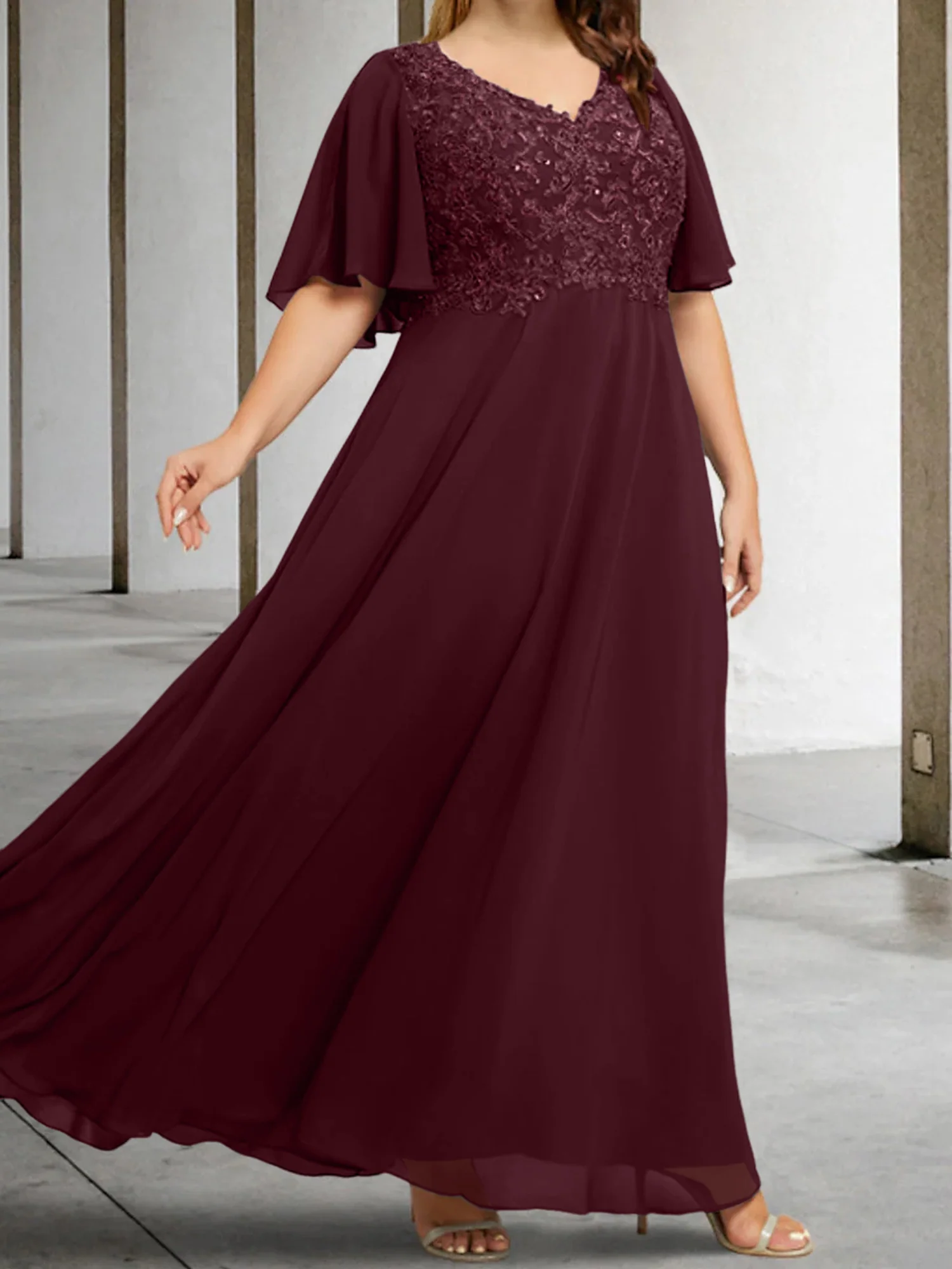 A-Line/Princess V-Neck Half Sleeves Floor-Length Mother of the Bride Dresses with Applique - Image 7