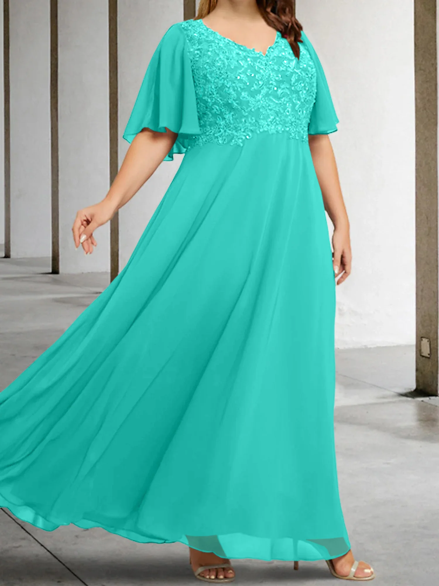 A-Line/Princess V-Neck Half Sleeves Floor-Length Mother of the Bride Dresses with Applique - Image 70