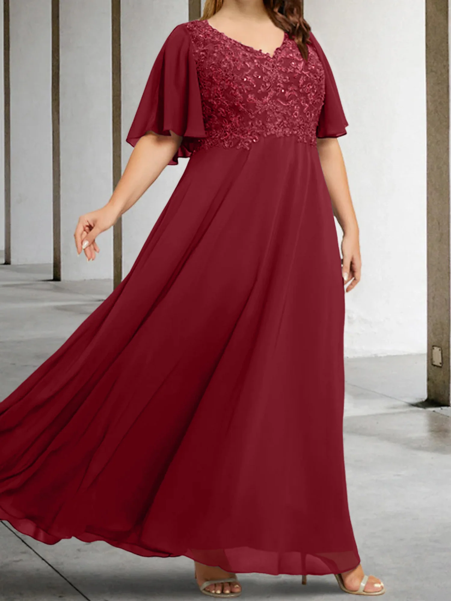 A-Line/Princess V-Neck Half Sleeves Floor-Length Mother of the Bride Dresses with Applique - Image 72