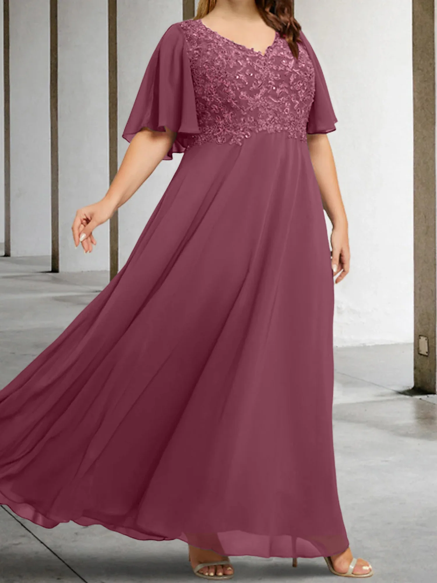 A-Line/Princess V-Neck Half Sleeves Floor-Length Mother of the Bride Dresses with Applique - Image 8