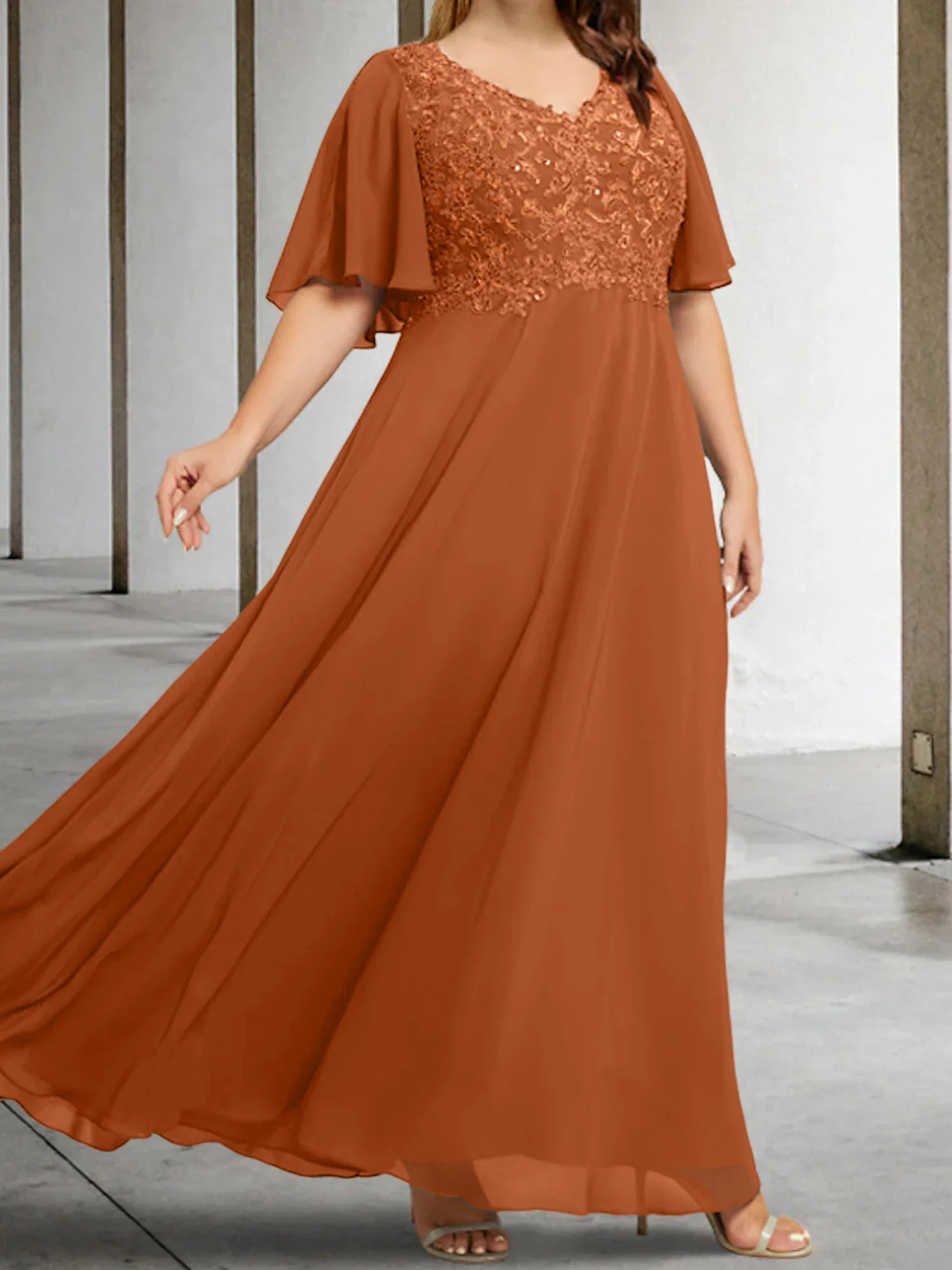 A-Line/Princess V-Neck Half Sleeves Floor-Length Mother of the Bride Dresses with Applique - Image 9