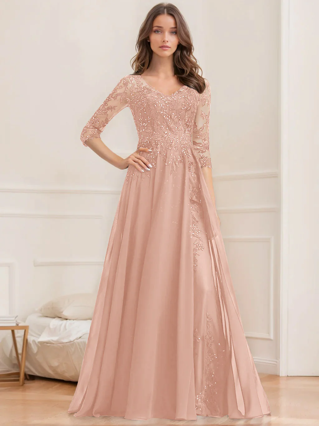 A-Line/Princess V-Neck Half Sleeves Floor-Length Mother of the Bride Dresses with Sequins - Image 21