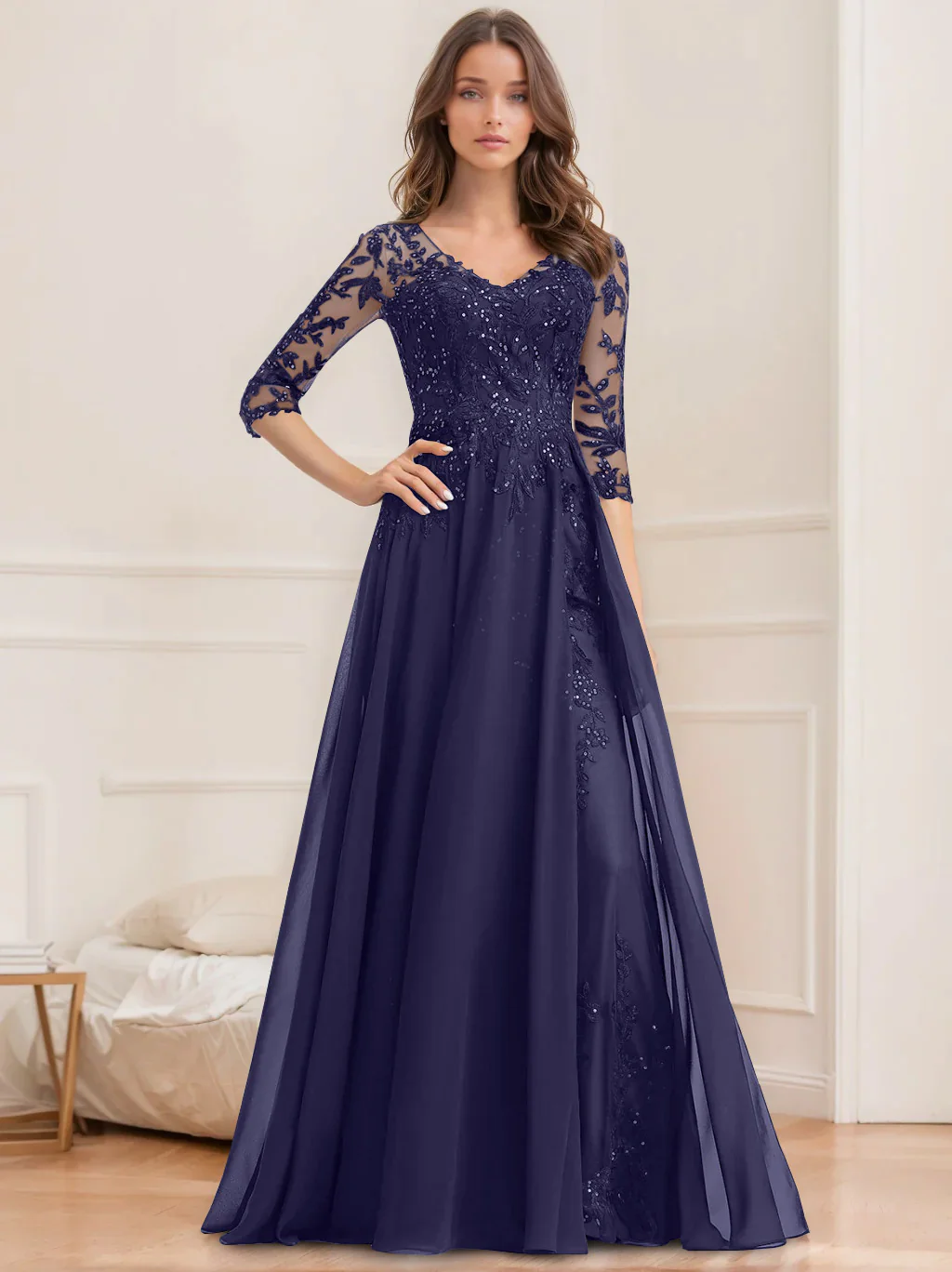 A-Line/Princess V-Neck Half Sleeves Floor-Length Mother of the Bride Dresses with Sequins - Image 44