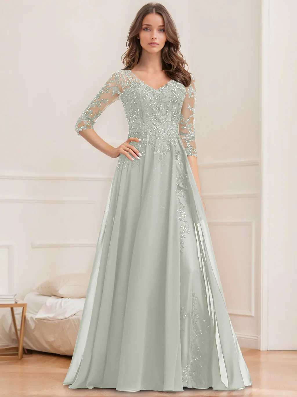 A-Line/Princess V-Neck Half Sleeves Floor-Length Mother of the Bride Dresses with Sequins - Image 47