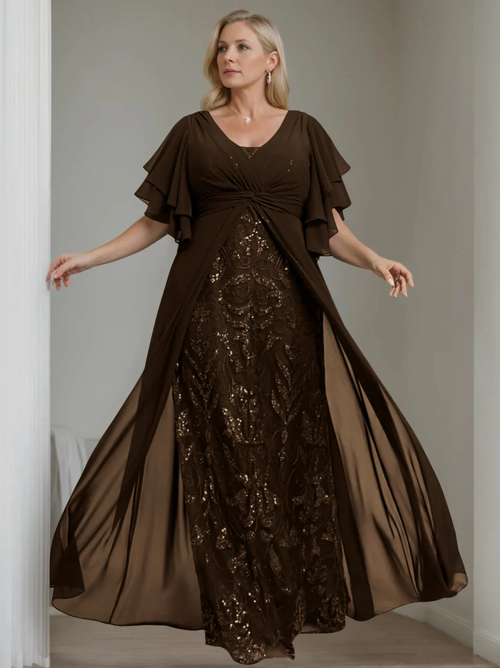 A-Line/Princess V-Neck Half Sleeves Floor-Length Plus Size Mother of the Bride Dresses with Pleated - Image 14