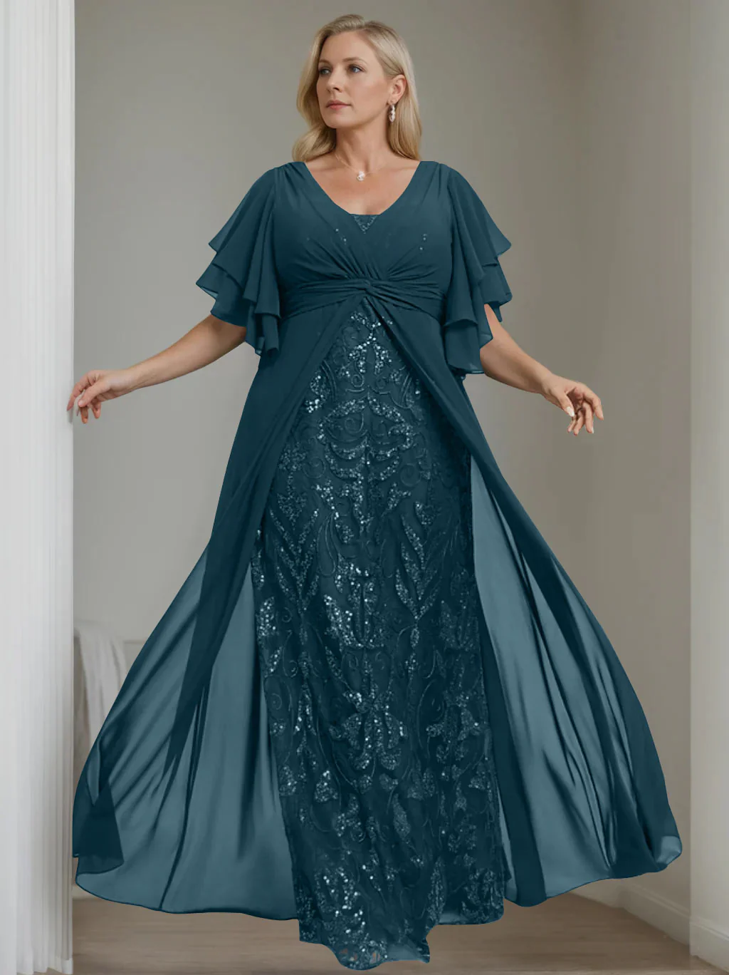 A-Line/Princess V-Neck Half Sleeves Floor-Length Plus Size Mother of the Bride Dresses with Pleated - Image 27