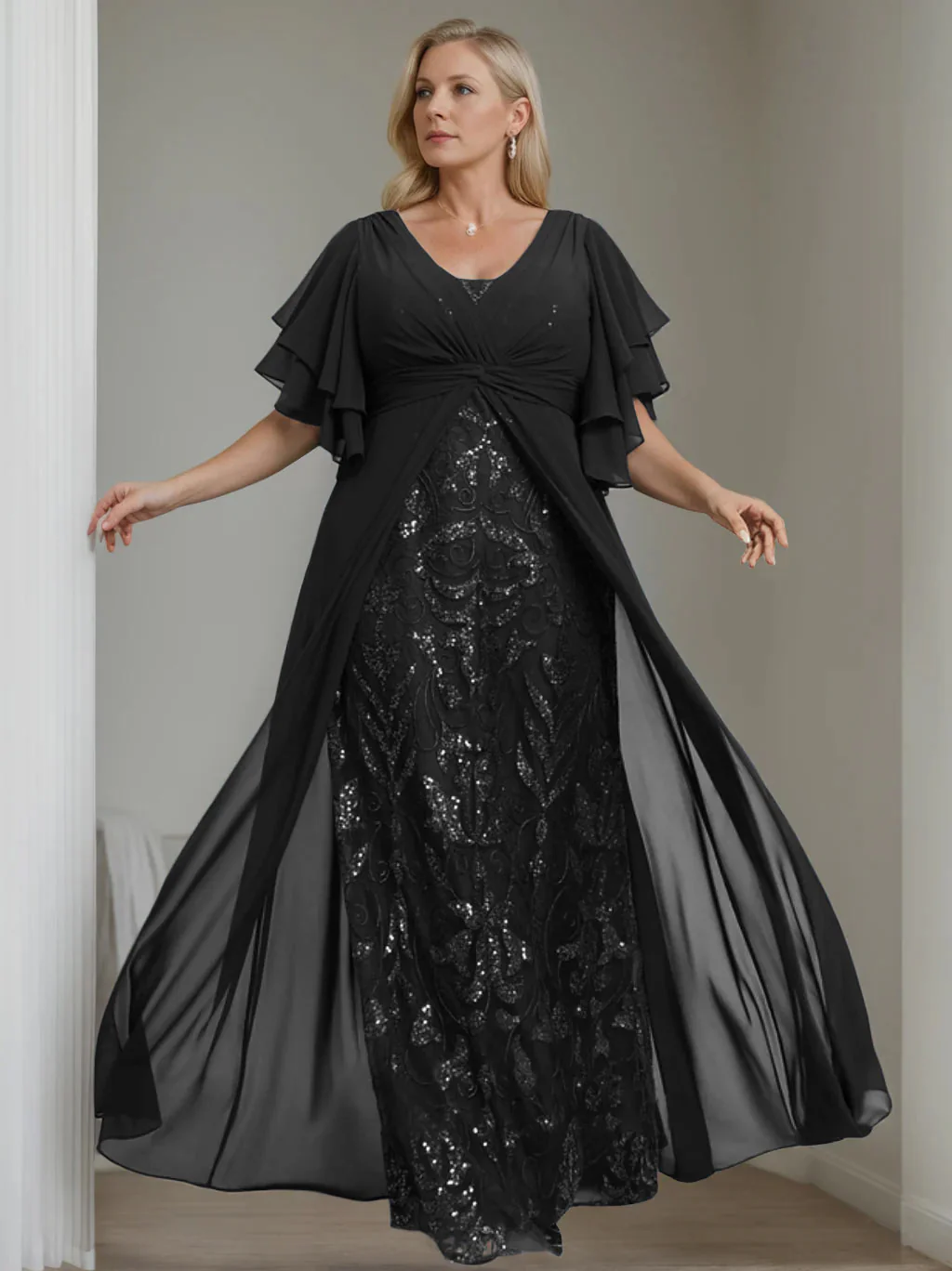 A-Line/Princess V-Neck Half Sleeves Floor-Length Plus Size Mother of the Bride Dresses with Pleated - Image 3